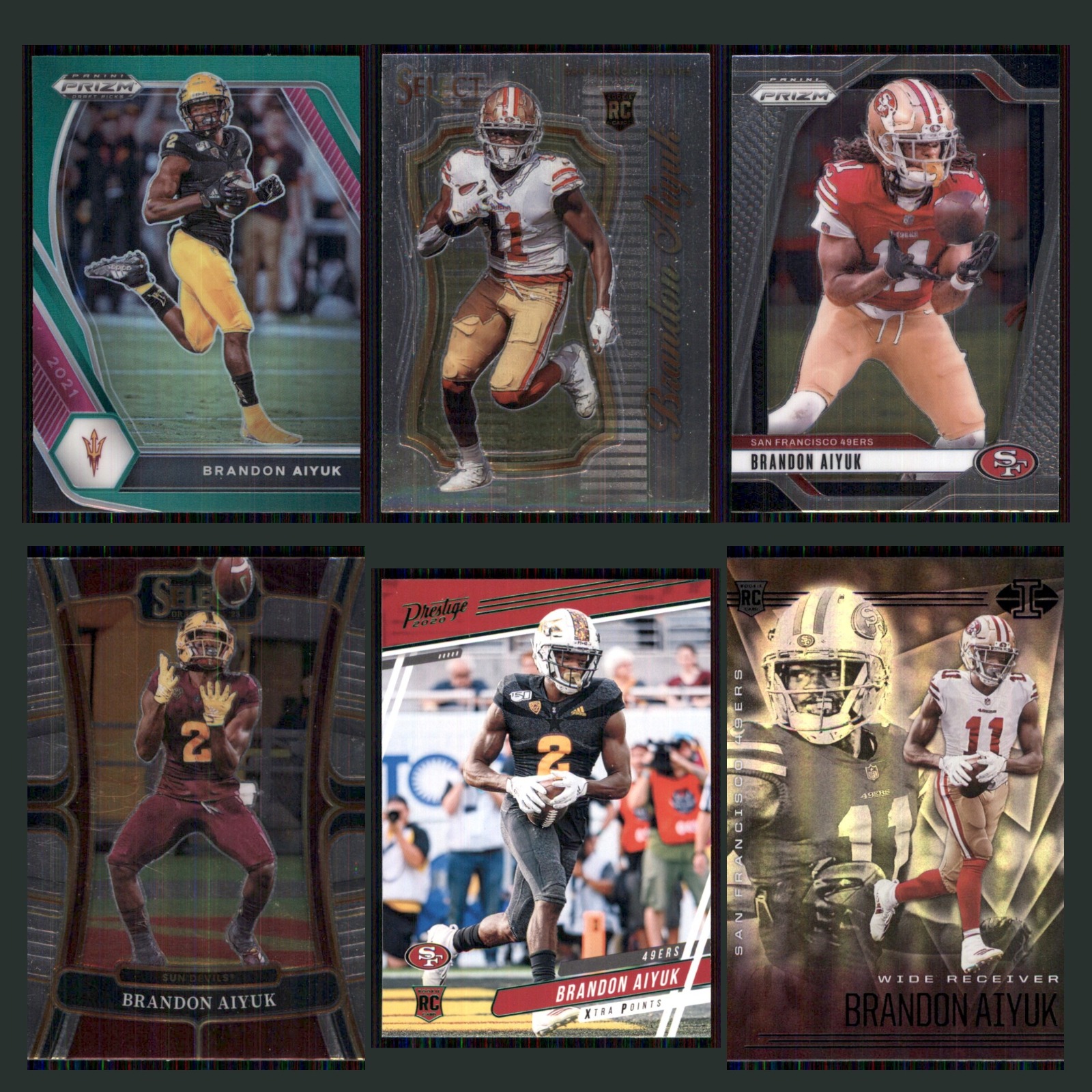 Brandon Aiyuk Lot 6 Football Cards 2021 Arizona State Sun Devils Set Collection card scans. Overall card condition is Near Mint.