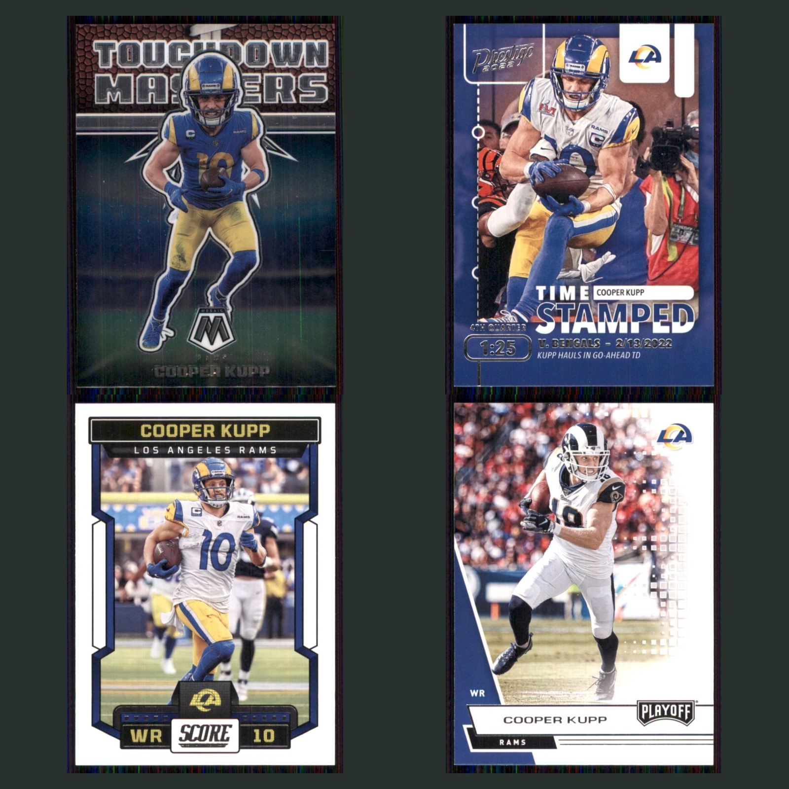 Cooper Kupp Lot 4 Football Cards 2022 Panini Mosaic Touchdown Masters Rams Set card scans. Overall card condition is Near Mint.