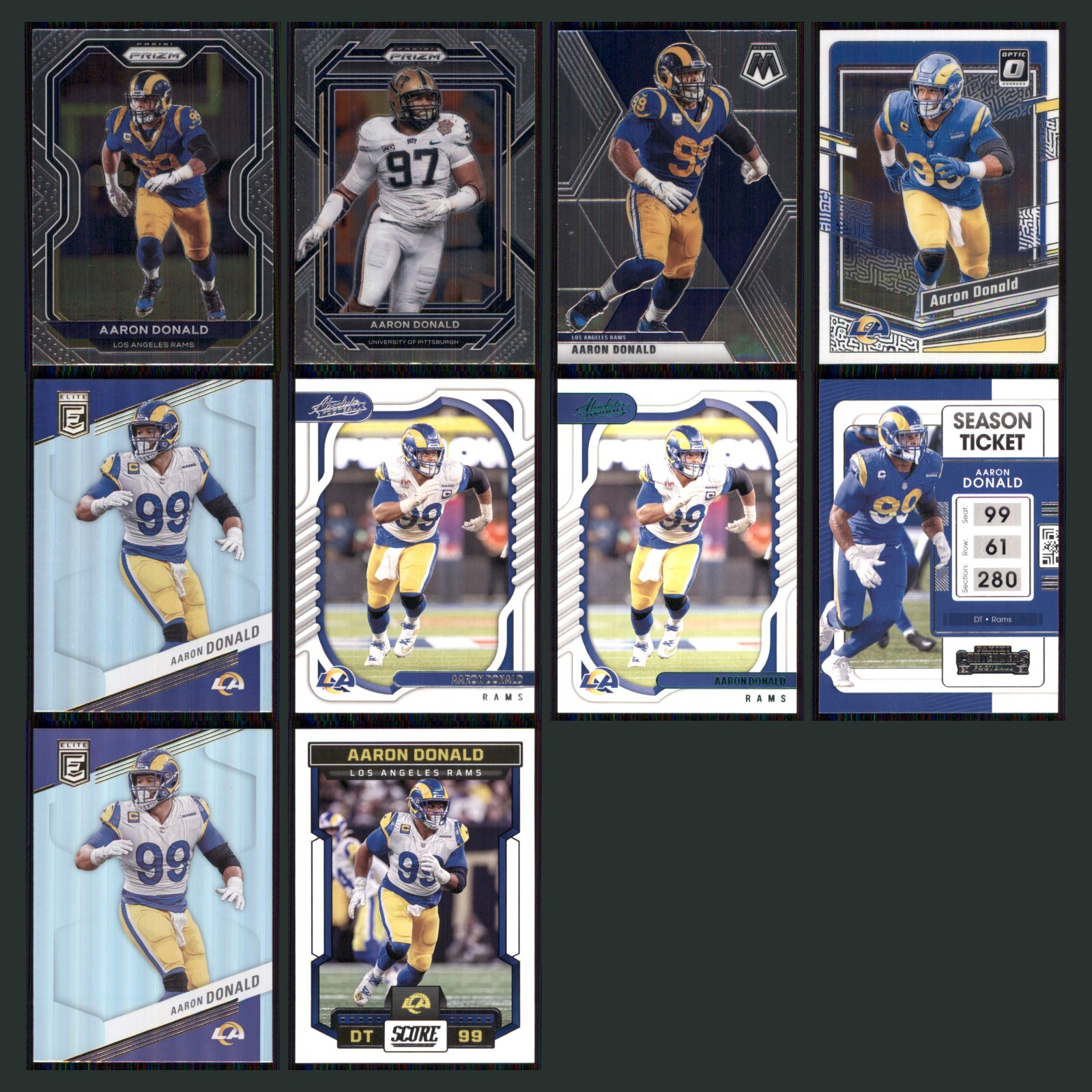 Aaron Donald Lot 10 Football Cards 2020 Panini Prizm Blue Los Angeles Rams Set card scans. Overall card condition is Near Mint.