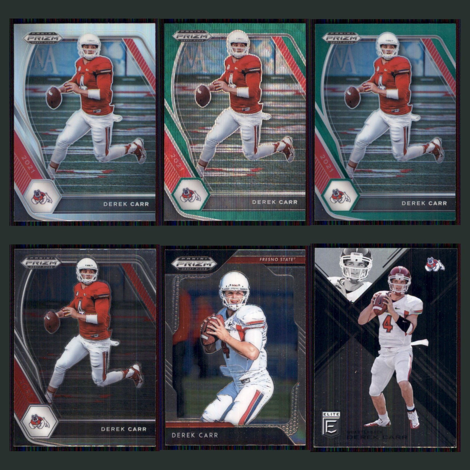 Derek Carr Lot 6 Football Cards 2021 Panini Prizm Draft Picks Silver Set NFL NM card scans. Overall card condition is Near Mint.