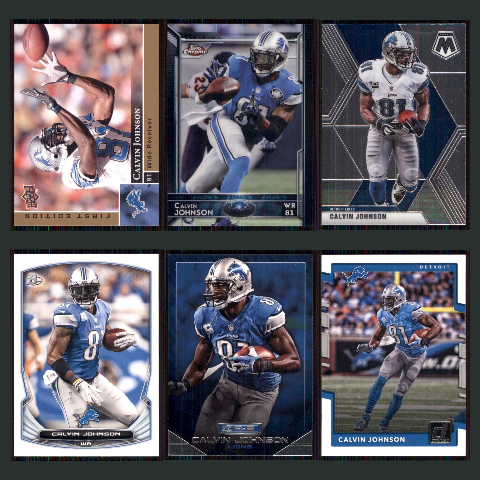 Calvin Johnson Lot 6 Football Cards 2009 Upper Deck First Edition Detroit Lions card scans. Overall card condition is Near Mint.