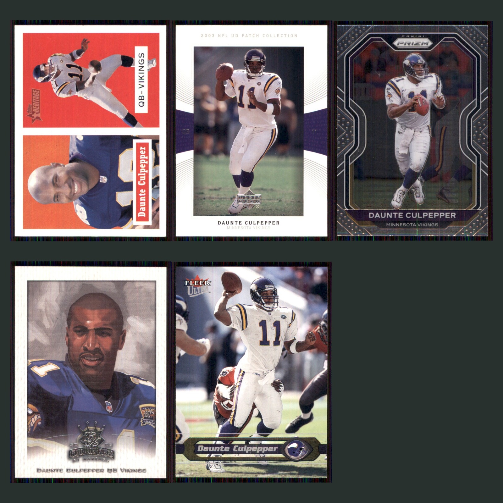 Daunte Culpepper Lot 5 Football Cards 2002 Topps Heritage Minnesota Vikings Set card scans. Overall card condition is Near Mint.