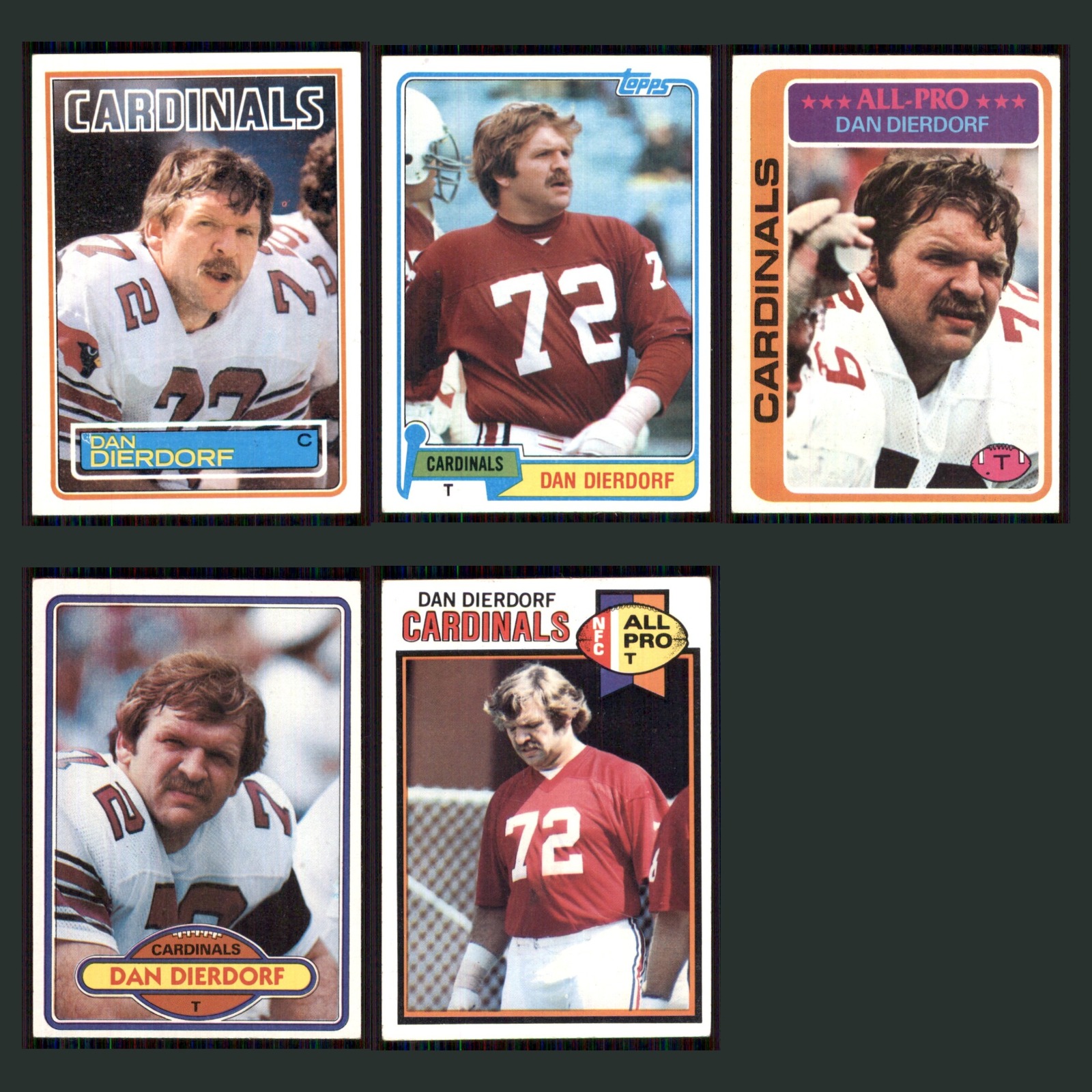 Dan Dierdorf Lot 5 Football Cards 1983 Topps St. Louis Cardinals Set Collection card scans. Overall card condition is Near Mint.