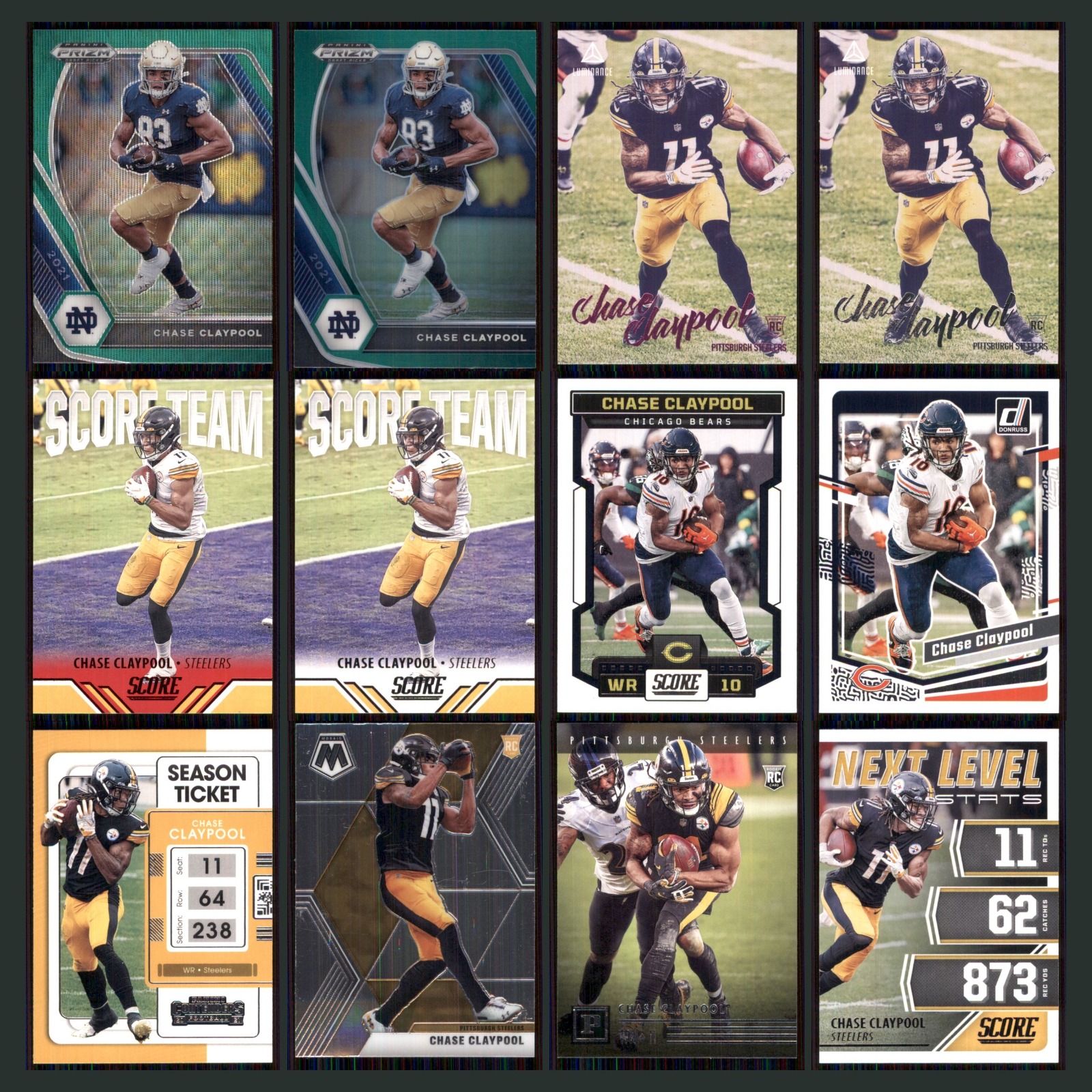 Chase Claypool Lot 12 Football Cards 2021 Panini Prizm Draft Picks Green Wave NM card scans. Overall card condition is Near Mint.