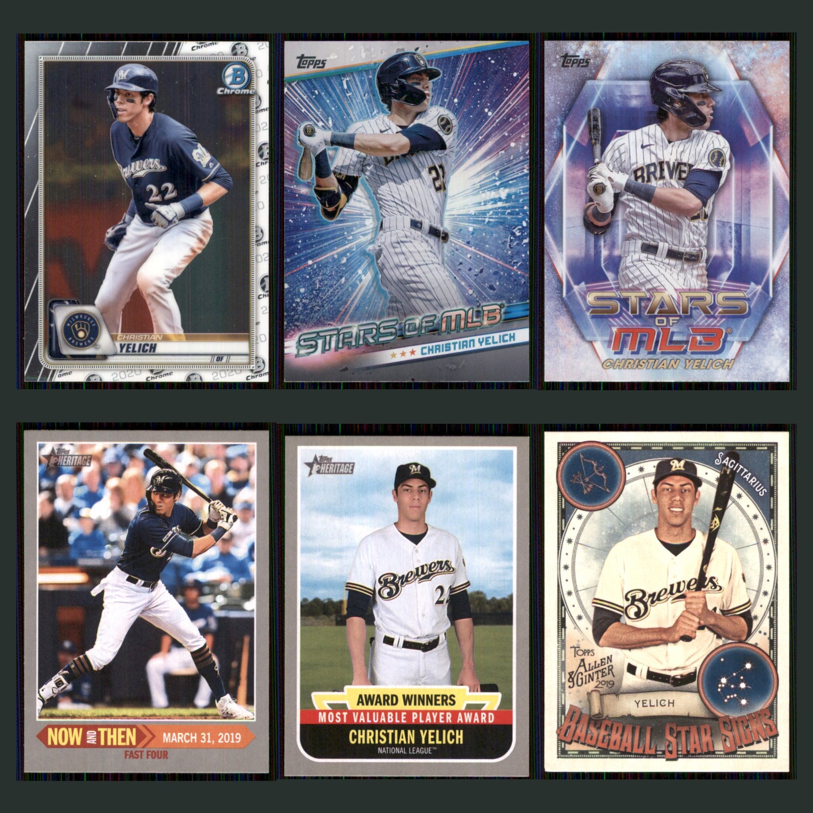 Christian Yelich Lot 6 Baseball Cards 2020 Bowman Chrome Milwaukee Brewers Set card scans. Overall card condition is Near Mint.