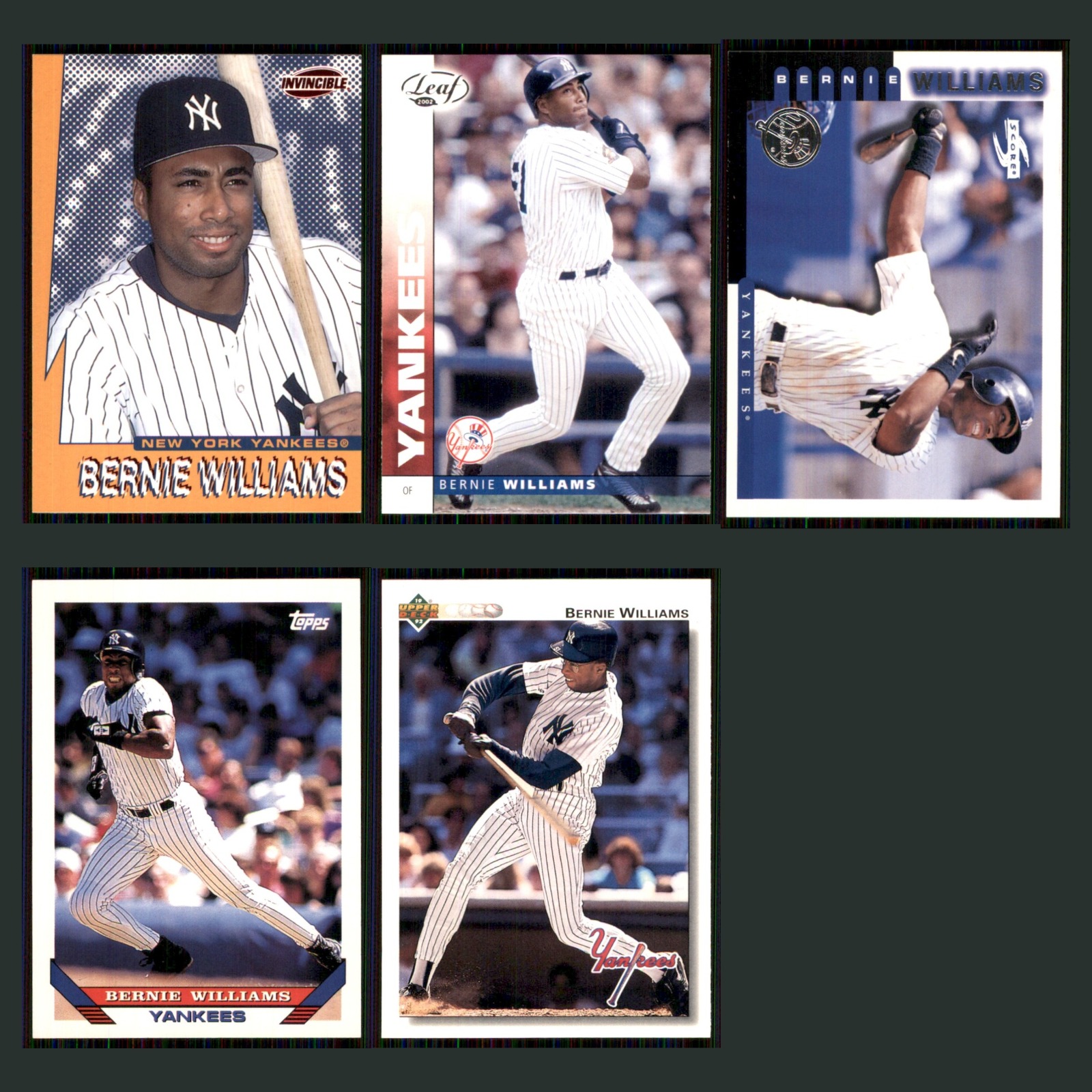 Bernie Williams Lot 5 Baseball Cards 1999 Pacific Invincible New York Yankees NM card scans. Overall card condition is Near Mint.