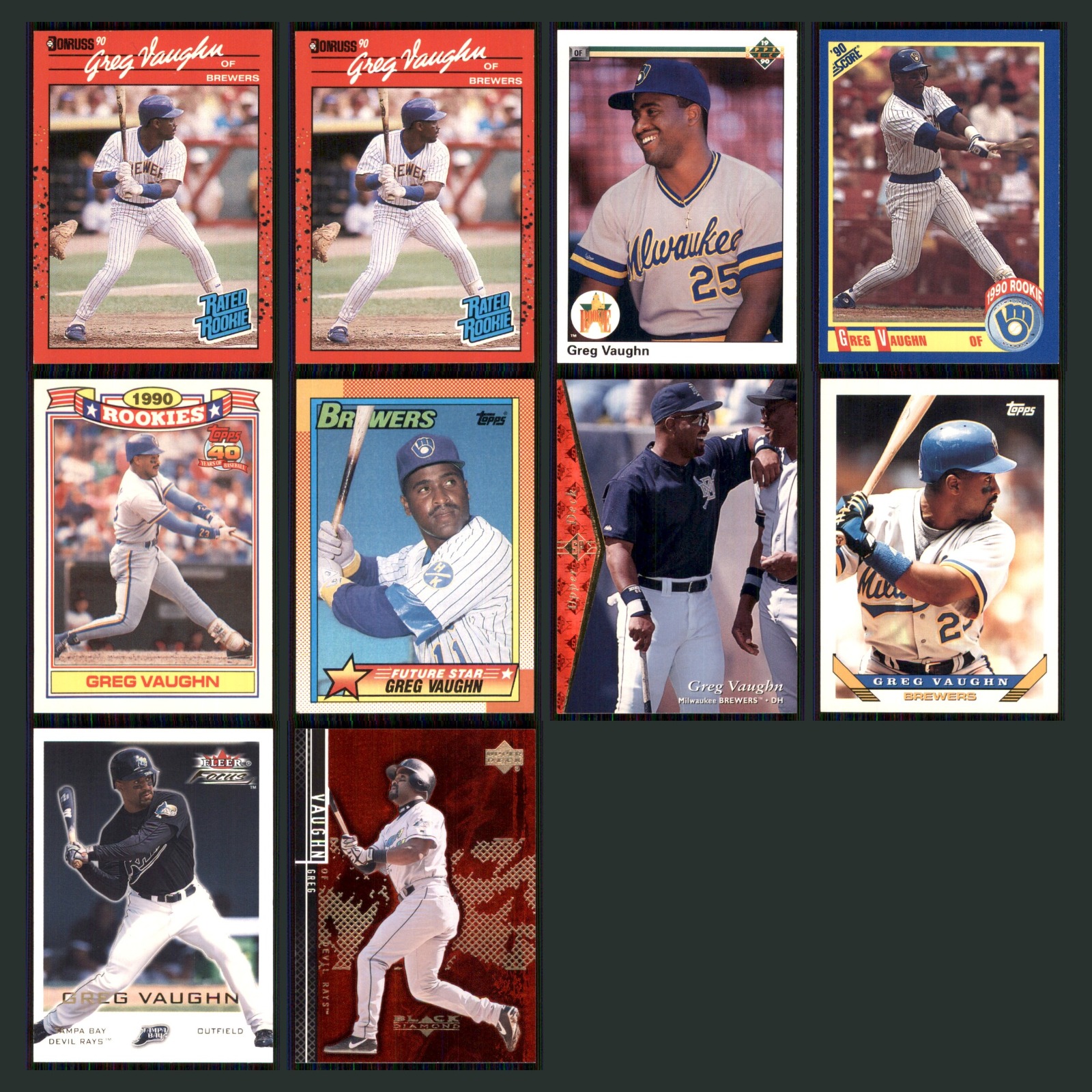 Greg Vaughn Rookie Lot 10 Baseball Cards 1989 Donruss Milwaukee Brewers Set MLB card scans. Overall card condition is Near Mint.