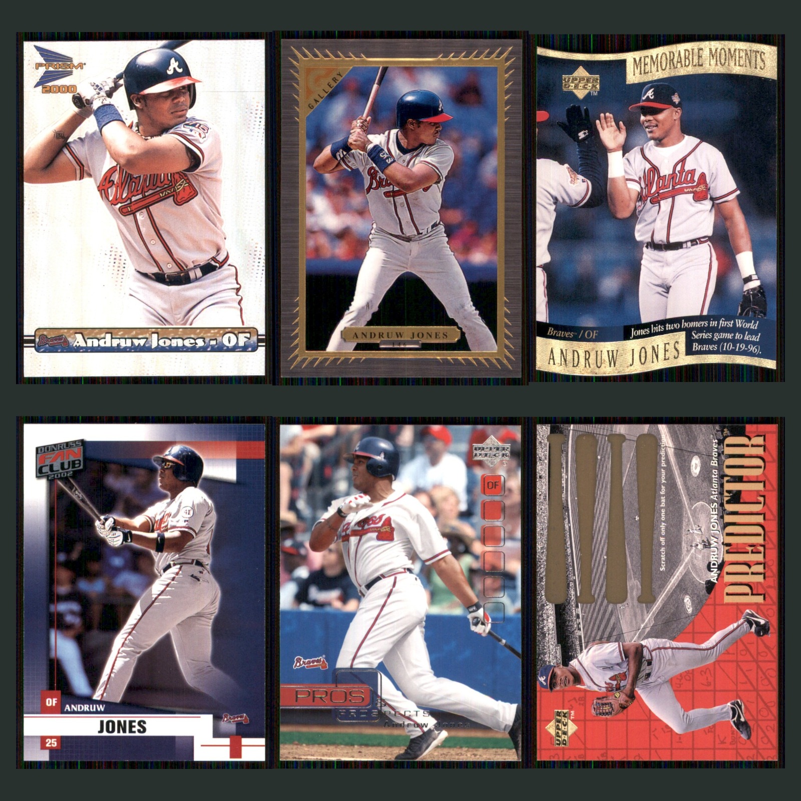Andruw Jones Lot 6 Baseball Cards 2000 Pacific Prism Atlanta Braves Set MLB NM card scans. Overall card condition is Near Mint.