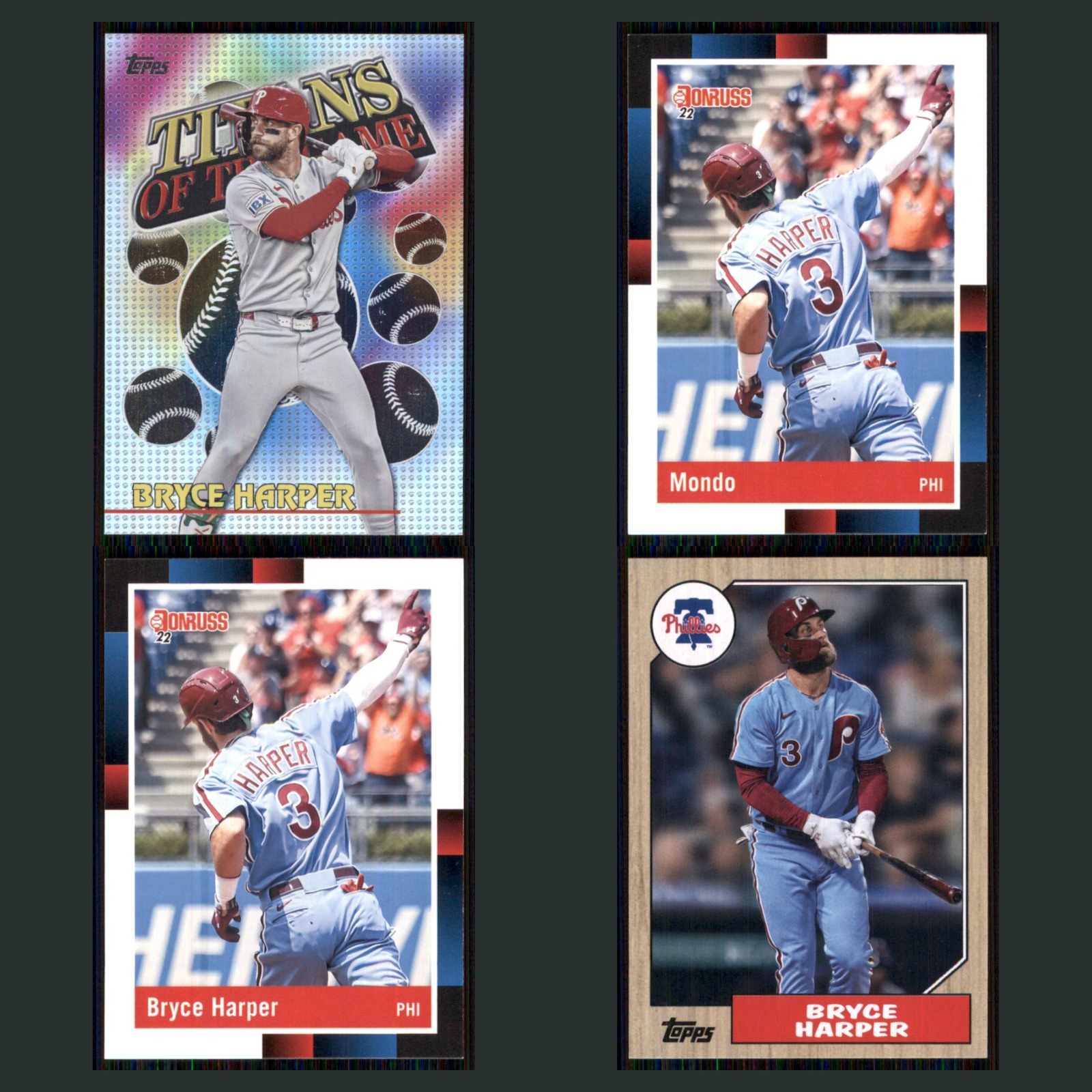 Bryce Harper Lot 4 Baseball Cards 2026 Topps Titans Game Philadelphia Phillies card scans. Overall card condition is Near Mint.
