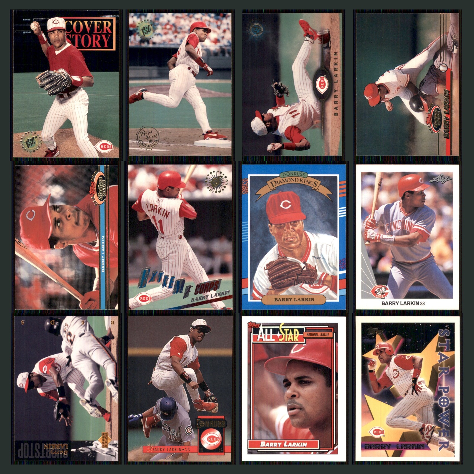 Barry Larkin Lot 12 Baseball Cards 1995 Cover Story Cincinnati Reds Set MLB NM card scans. Overall card condition is Near Mint.