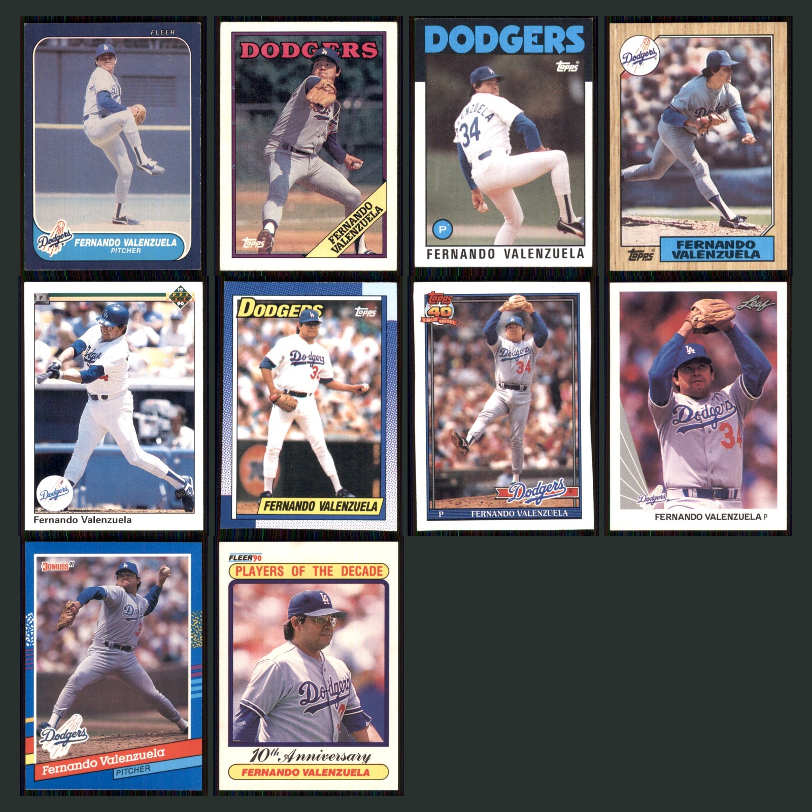 Fernando Valenzuela Lot 10 Baseball Cards 1986 Fleer Los Angeles Dodgers Set MLB card scans. Overall card condition is Near Mint.