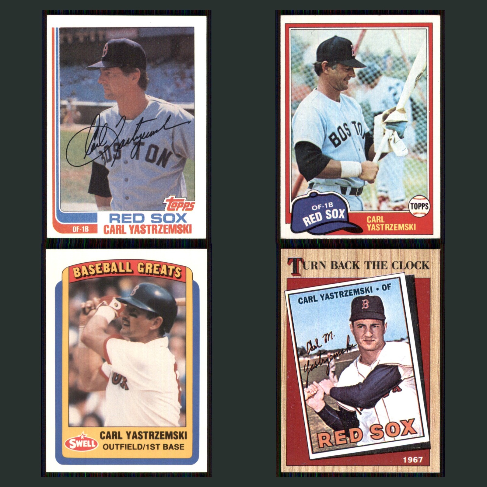 Carl Yastrzemski Lot 4 Baseball Cards 1982 Topps Boston Red Sox Set Collection card scans. Overall card condition is Near Mint.