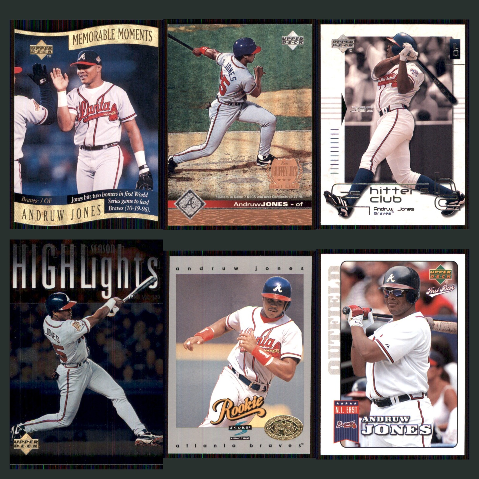 Andruw Jones Lot 6 Baseball Cards 1997 Upper Deck Memorable Moments Braves Set card scans. Overall card condition is Near Mint.