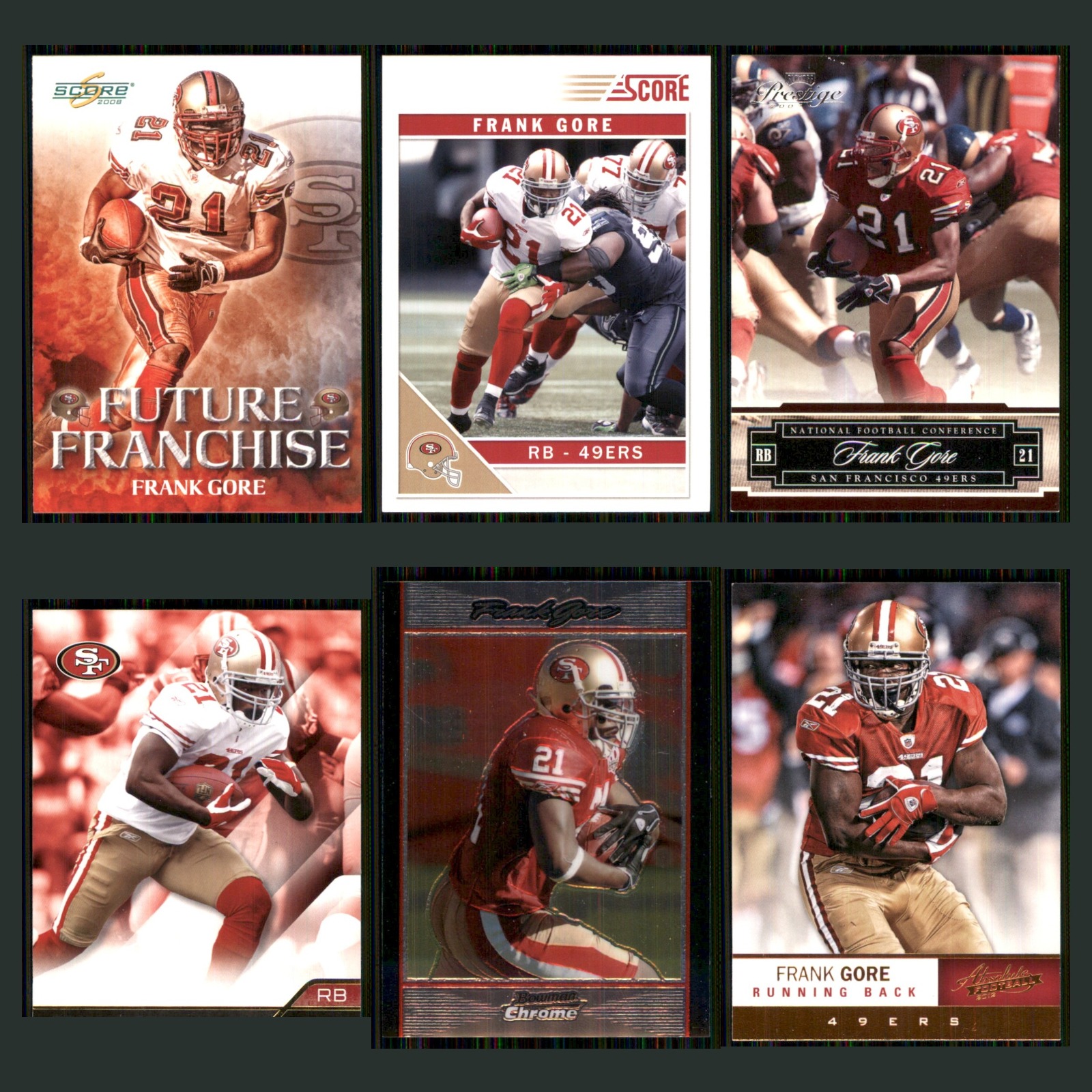 Frank Gore Lot 6 Football Cards 2008 Score Future Franchise San Francisco 49ers card scans. Overall card condition is Near Mint.