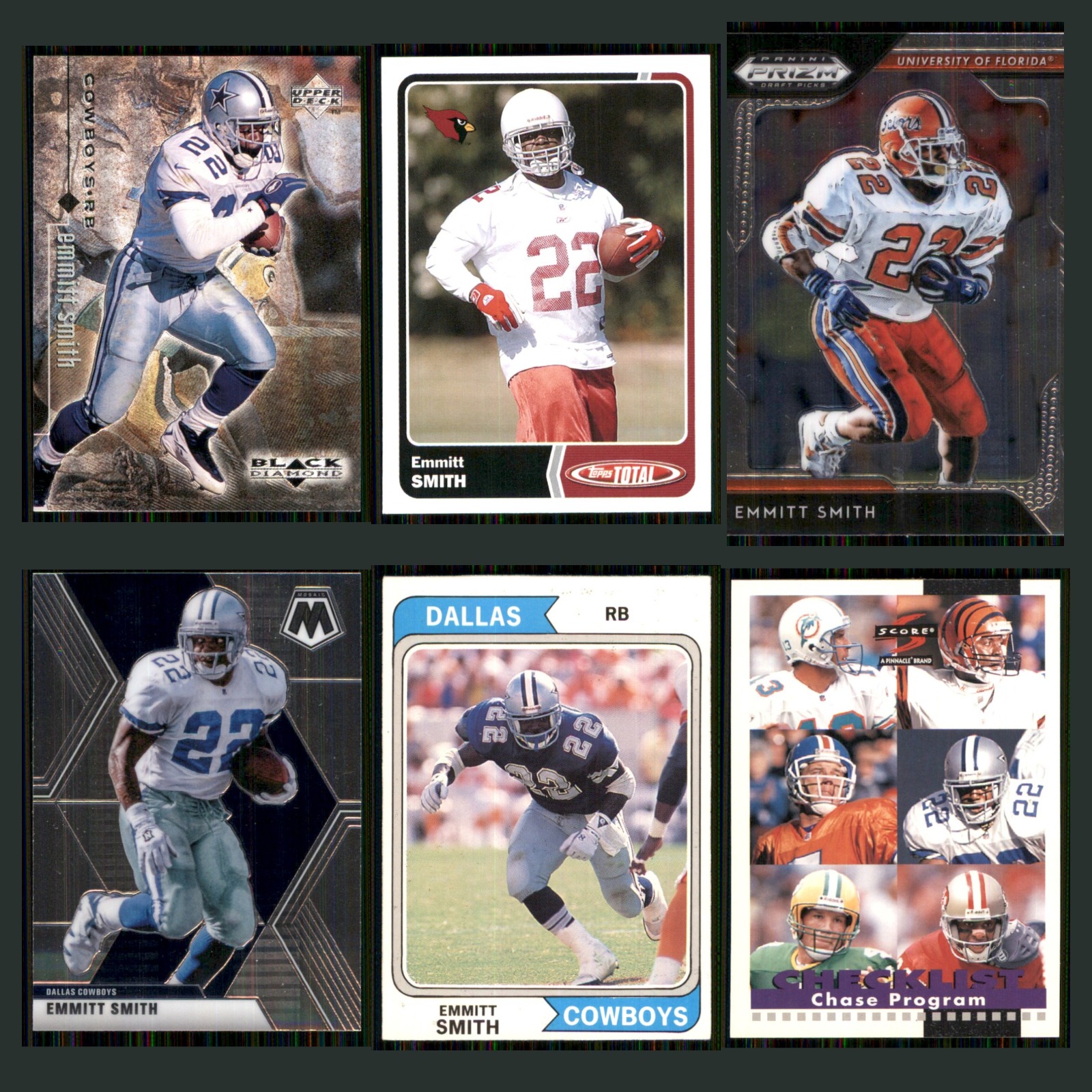 Emmitt Smith Lot 6 Football Cards 1998 Upper Deck Black Diamond Dallas Cowboys card scans. Overall card condition is Near Mint.