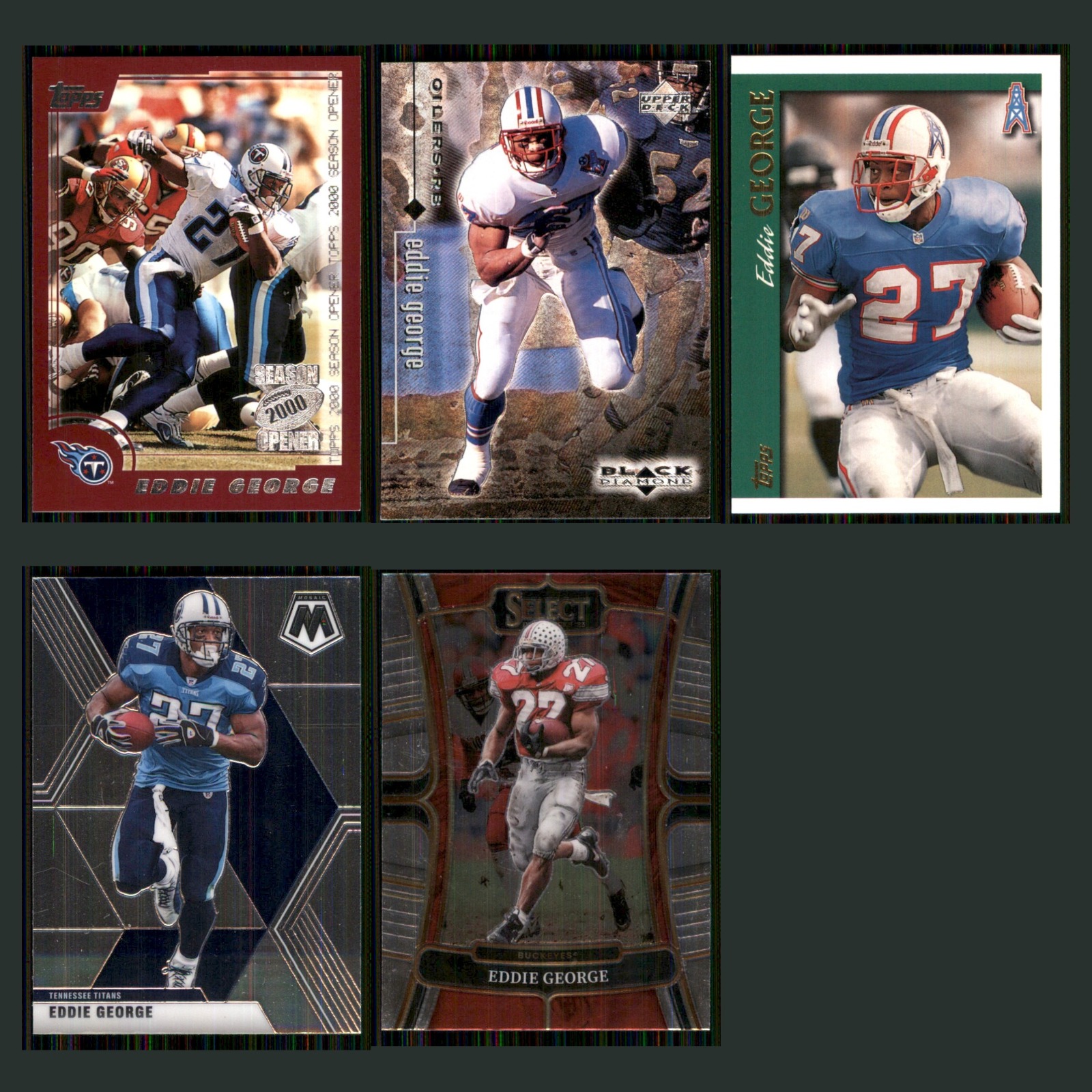Eddie George Lot 5 Football Cards 2000 Topps Season Opener Tennessee Titans Set card scans. Overall card condition is Near Mint.