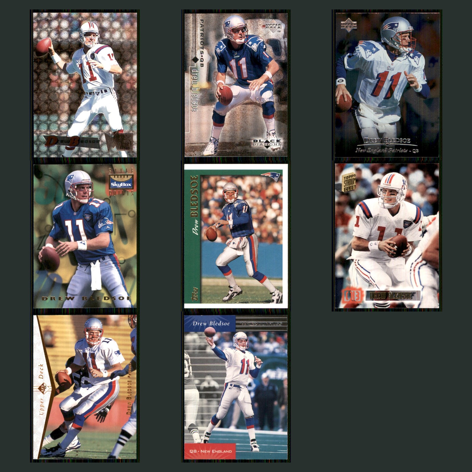 Drew Bledsoe Lot 8 Football Cards 1995 Fleer Metal New England Patriots Set NFL card scans. Overall card condition is Near Mint.