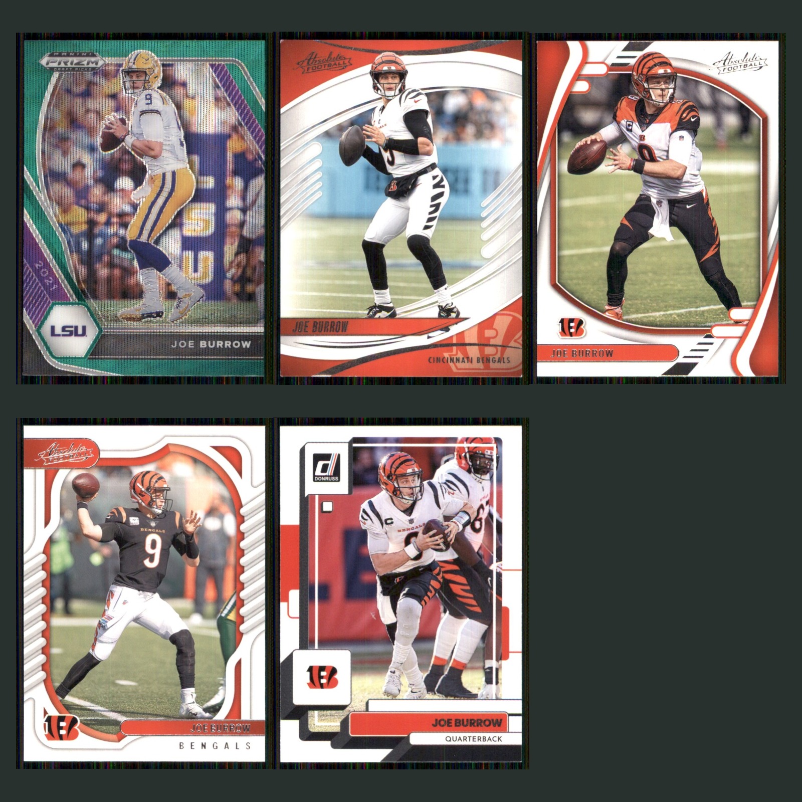 Joe Burrow Lot 5 Football Cards 2021 Panini Prizm Draft Picks Green Wave Set NFL card scans. Overall card condition is Near Mint.