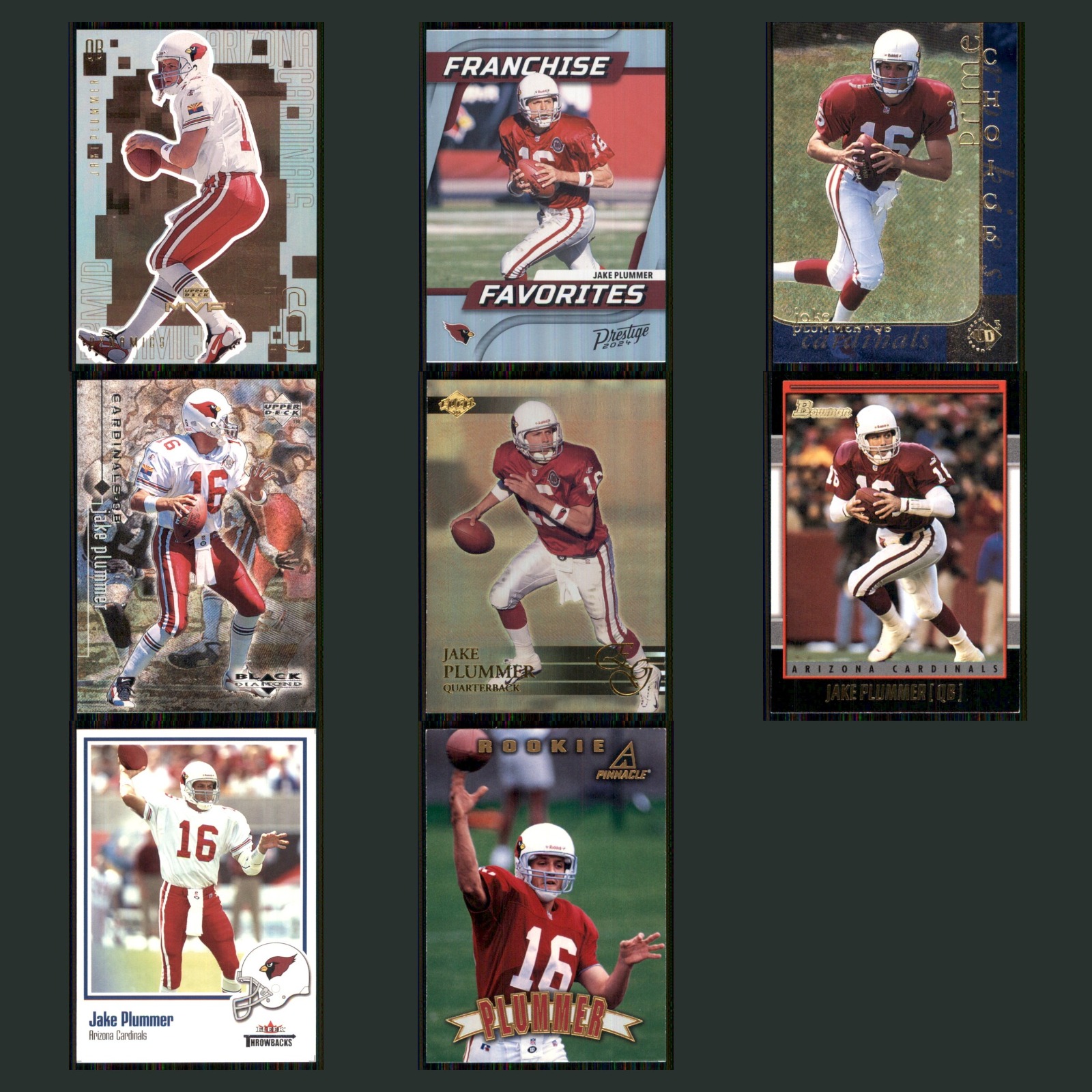 Jake Plummer Lot 8 Football Cards 1999 Upper Deck MVP Dynamics Arizona Cardinals card scans. Overall card condition is Near Mint.