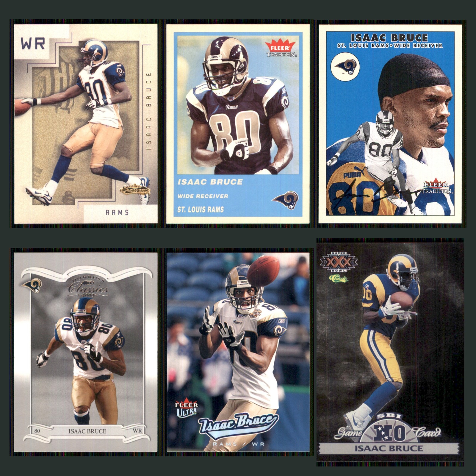 Isaac Bruce Lot 6 Football Cards 2001 Fleer Showcase St. Louis Rams Set NFL NM card scans. Overall card condition is Near Mint.