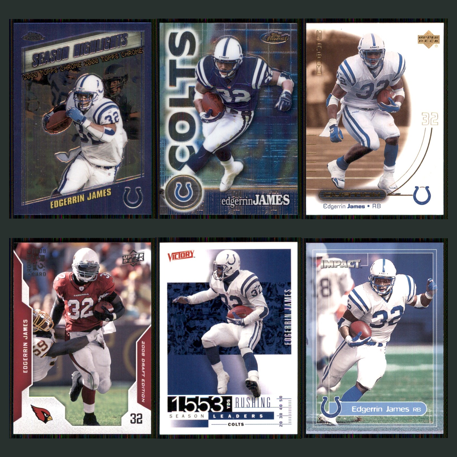 Edgerrin James Lot 6 Football Cards 2000 Topps Chrome Indianapolis Colts Set NFL card scans. Overall card condition is Near Mint.