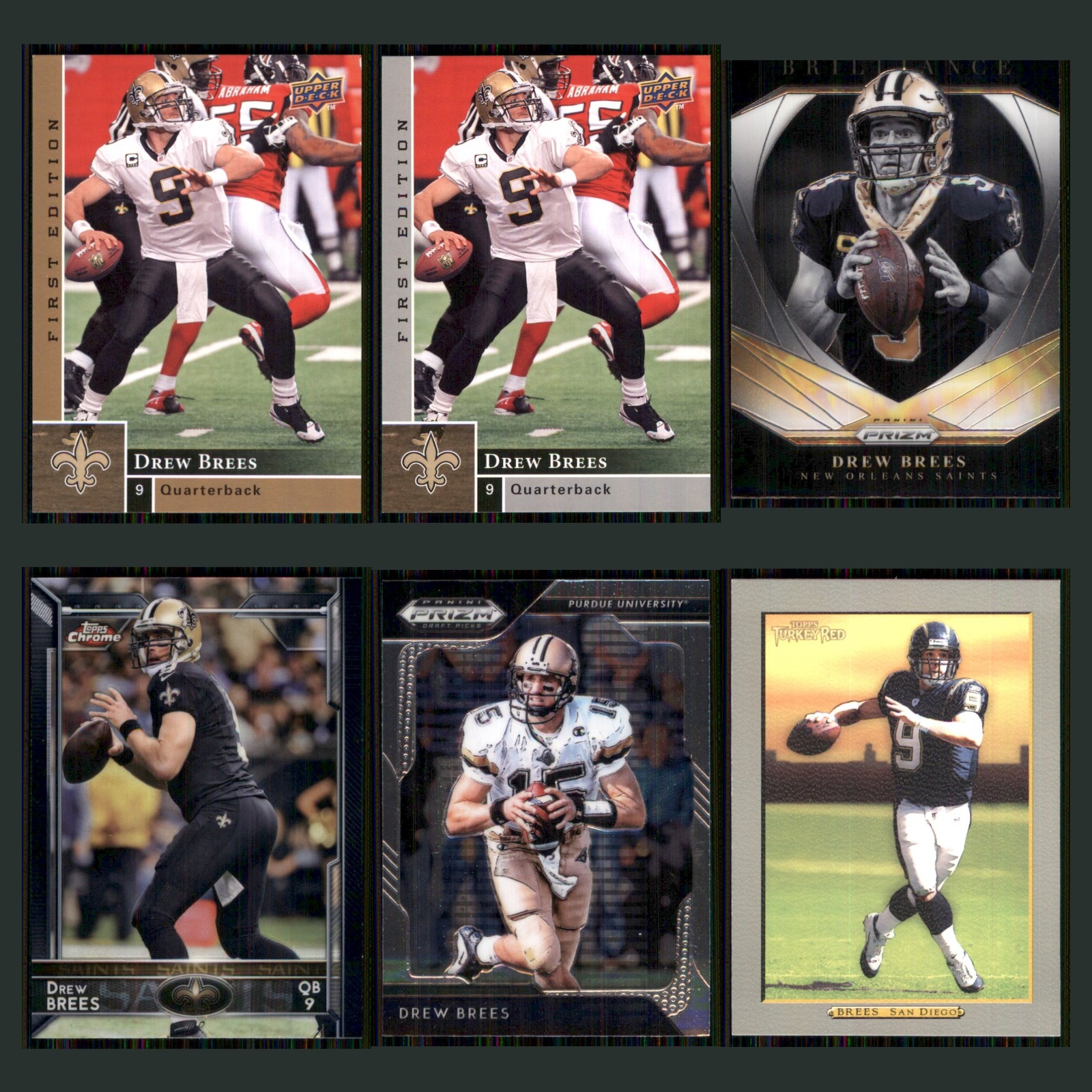 Drew Brees Lot 6 Football Cards 2009 Upper Deck First Edition New Orleans Saints card scans. Overall card condition is Near Mint.