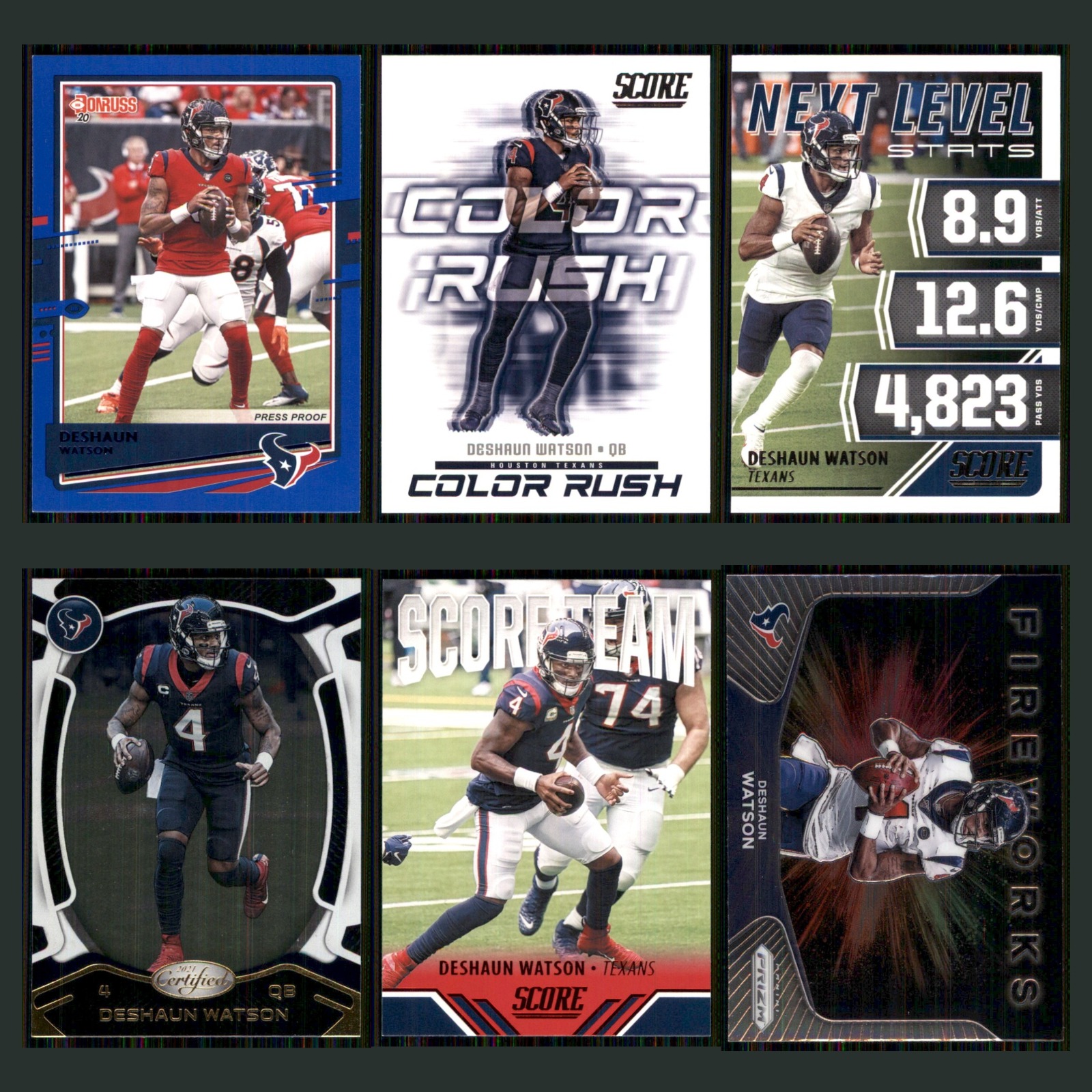 Deshaun Watson Lot 6 Football Cards 2020 Donruss Press Proof Blue Houston Texans card scans. Overall card condition is Near Mint.