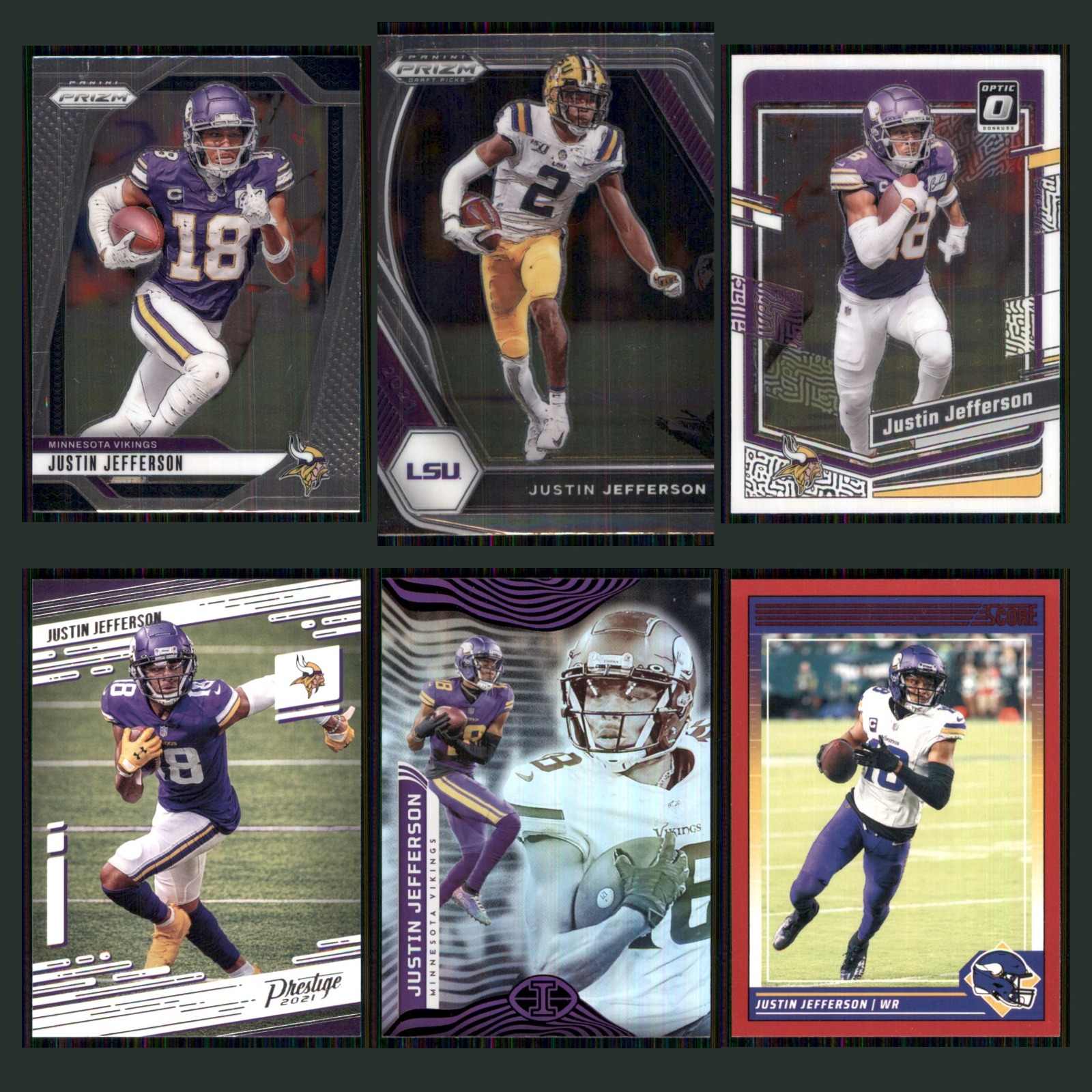 Justin Jefferson Lot 6 Football Cards 2024 Panini Prizm Minnesota Vikings Set NM card scans. Overall card condition is Near Mint.