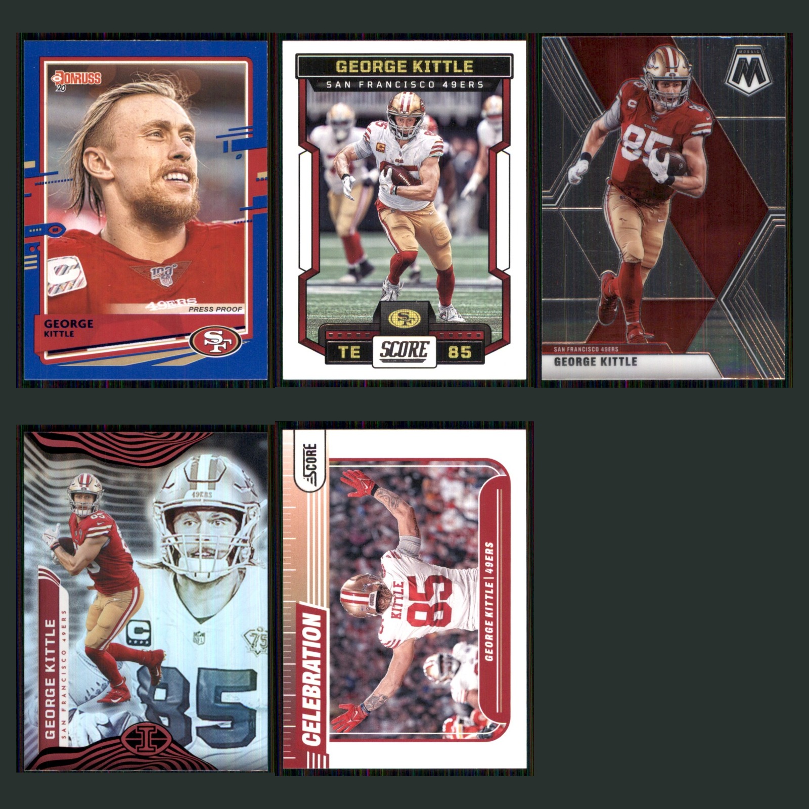 George Kittle Lot 5 Football Cards 2020 Donruss Press Proofs Blue 49ers Set NFL card scans. Overall card condition is Near Mint.