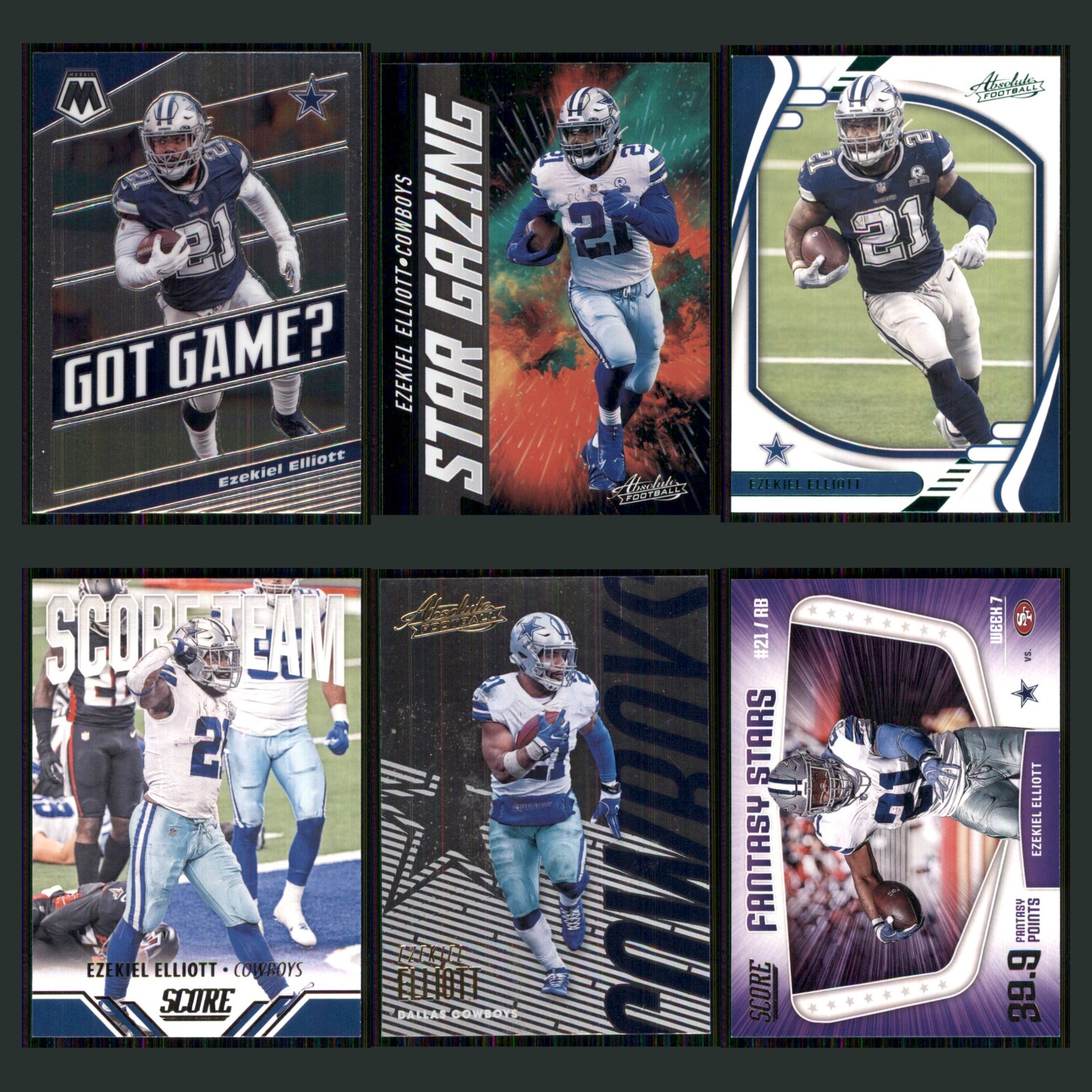 Ezekiel Elliott Lot 6 Football Cards 2020 Panini Mosaic Got Game? Dallas Cowboys card scans. Overall card condition is Near Mint.
