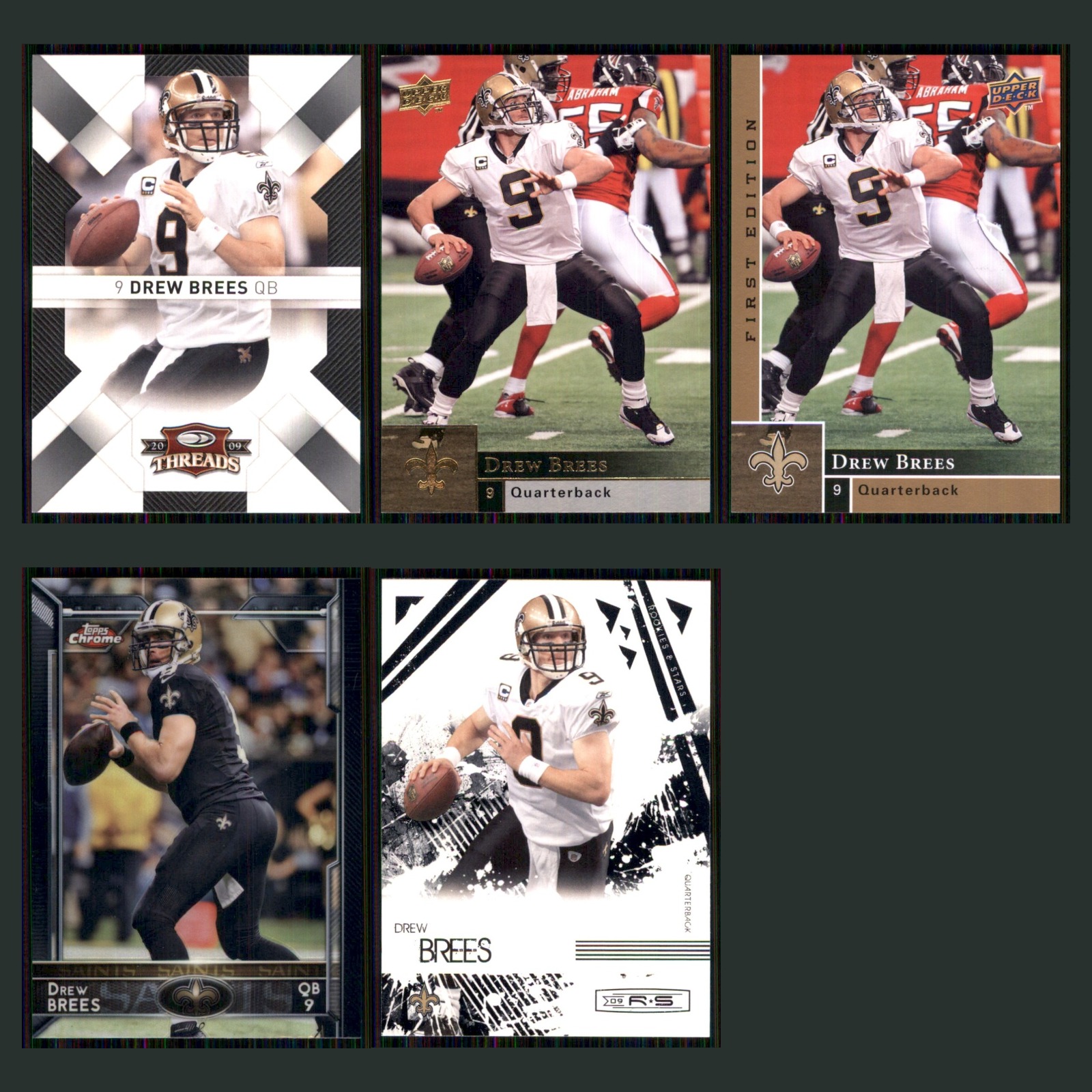 Drew Brees Lot 5 Football Cards 2009 Donruss Threads New Orleans Saints Set NFL card scans. Overall card condition is Near Mint.