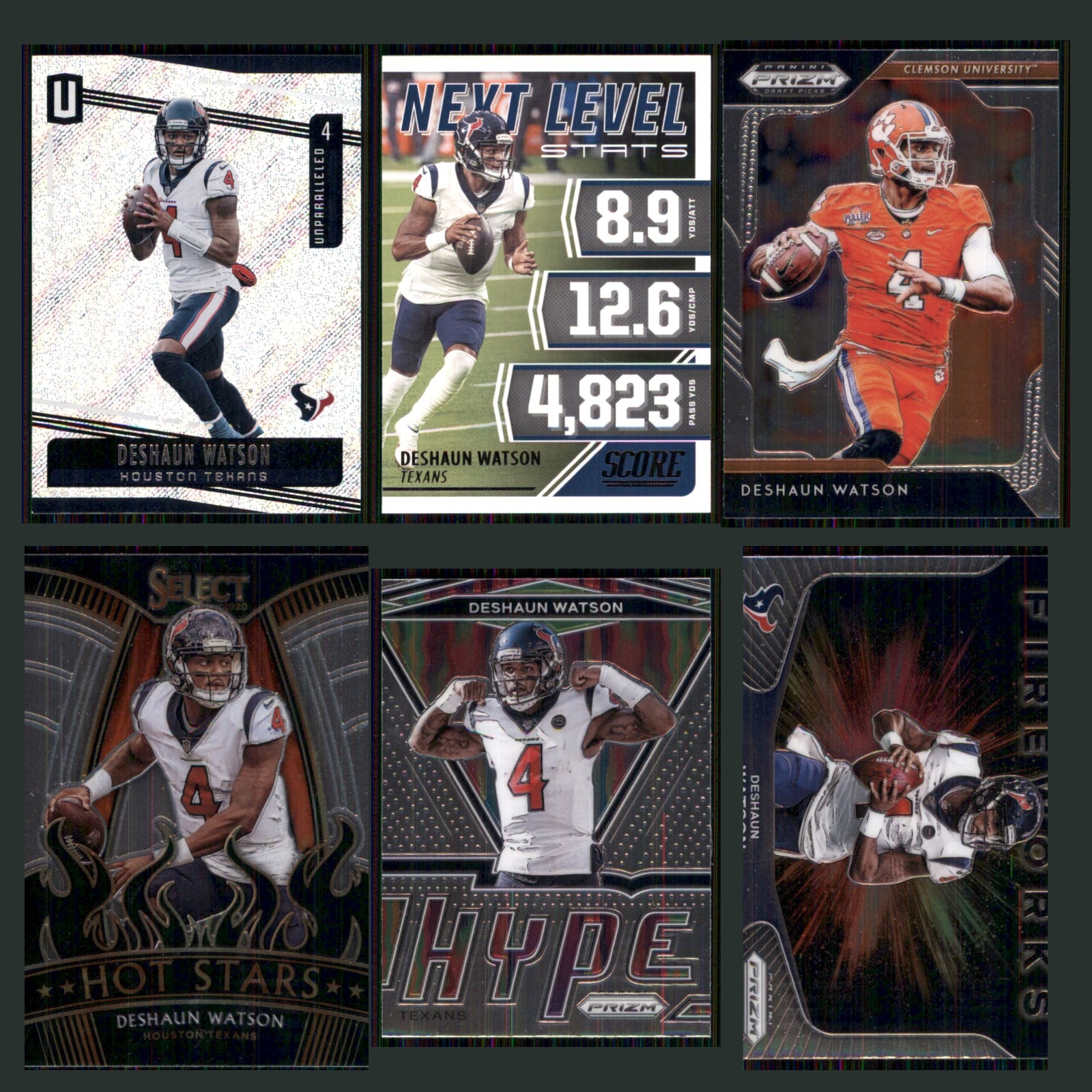Deshaun Watson Lot 6 Football Cards 2019 Panini Unparalleled Houston Texans Set card scans. Overall card condition is Near Mint.