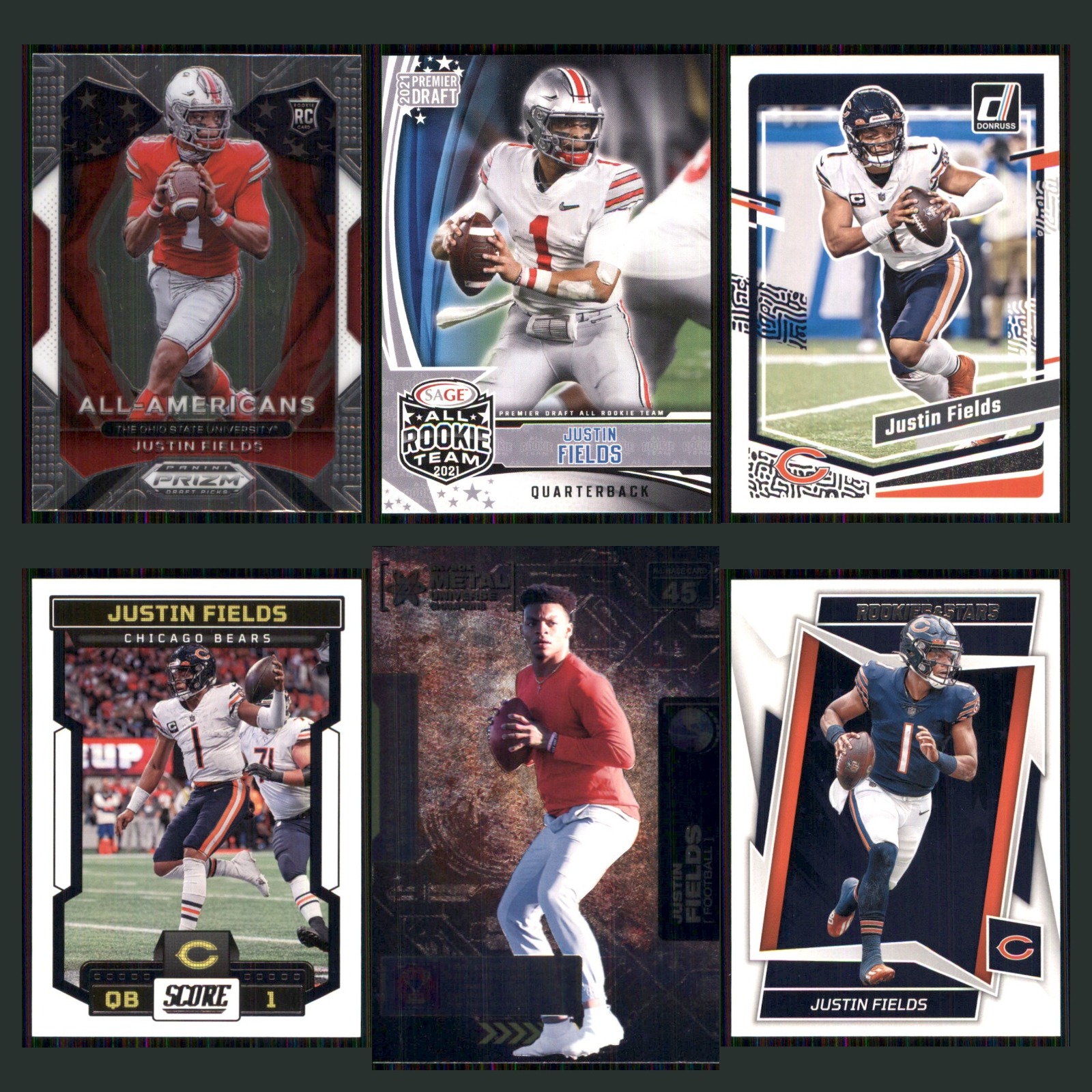 Justin Fields Lot 6 Football Cards 2021 Panini Prizm Draft Picks Collegiate Set card scans. Overall card condition is Near Mint.