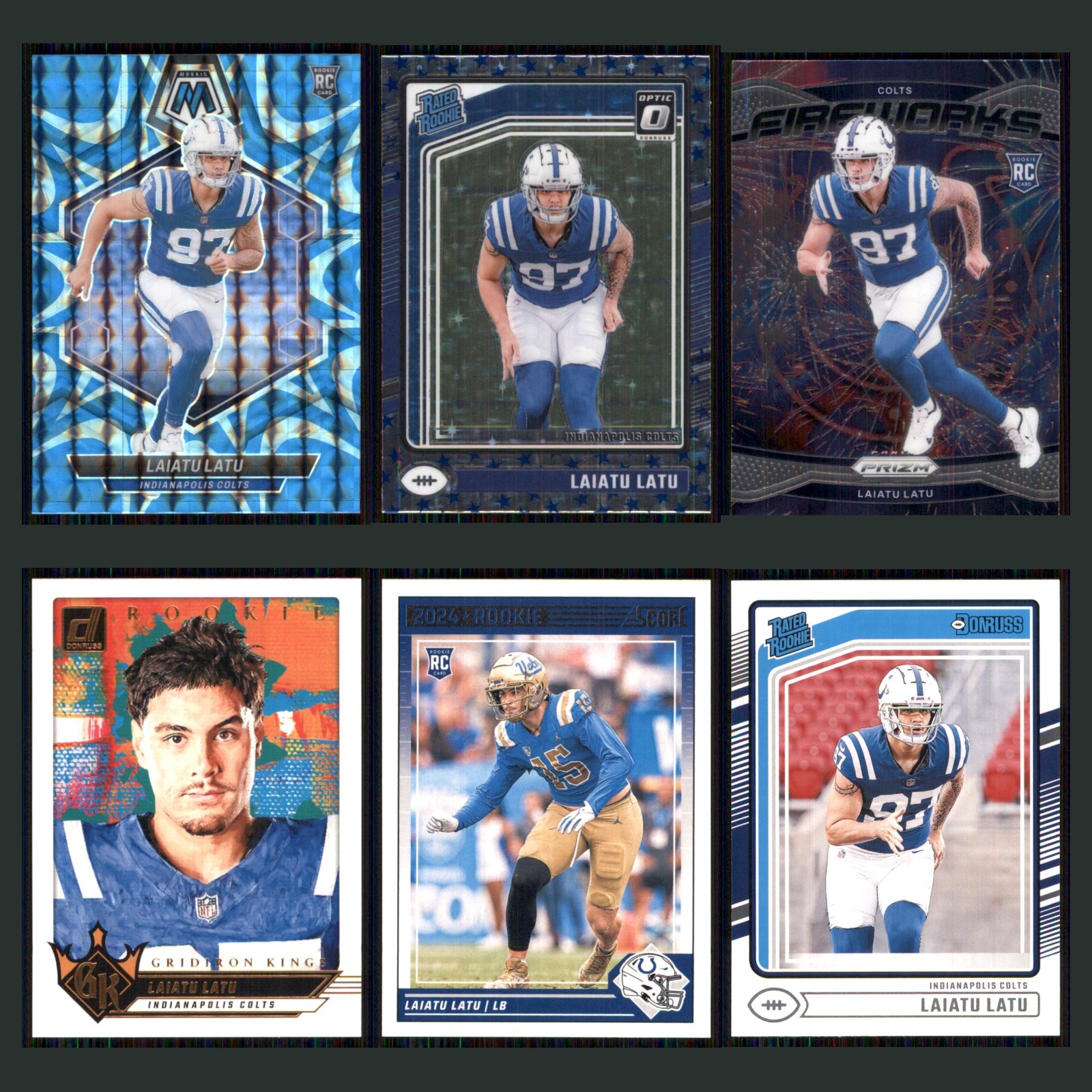 Laiatu Latu Lot 6 Football Cards 2024 Panini Mosaic Reactive Blue Colts Set NFL card scans. Overall card condition is Near Mint.