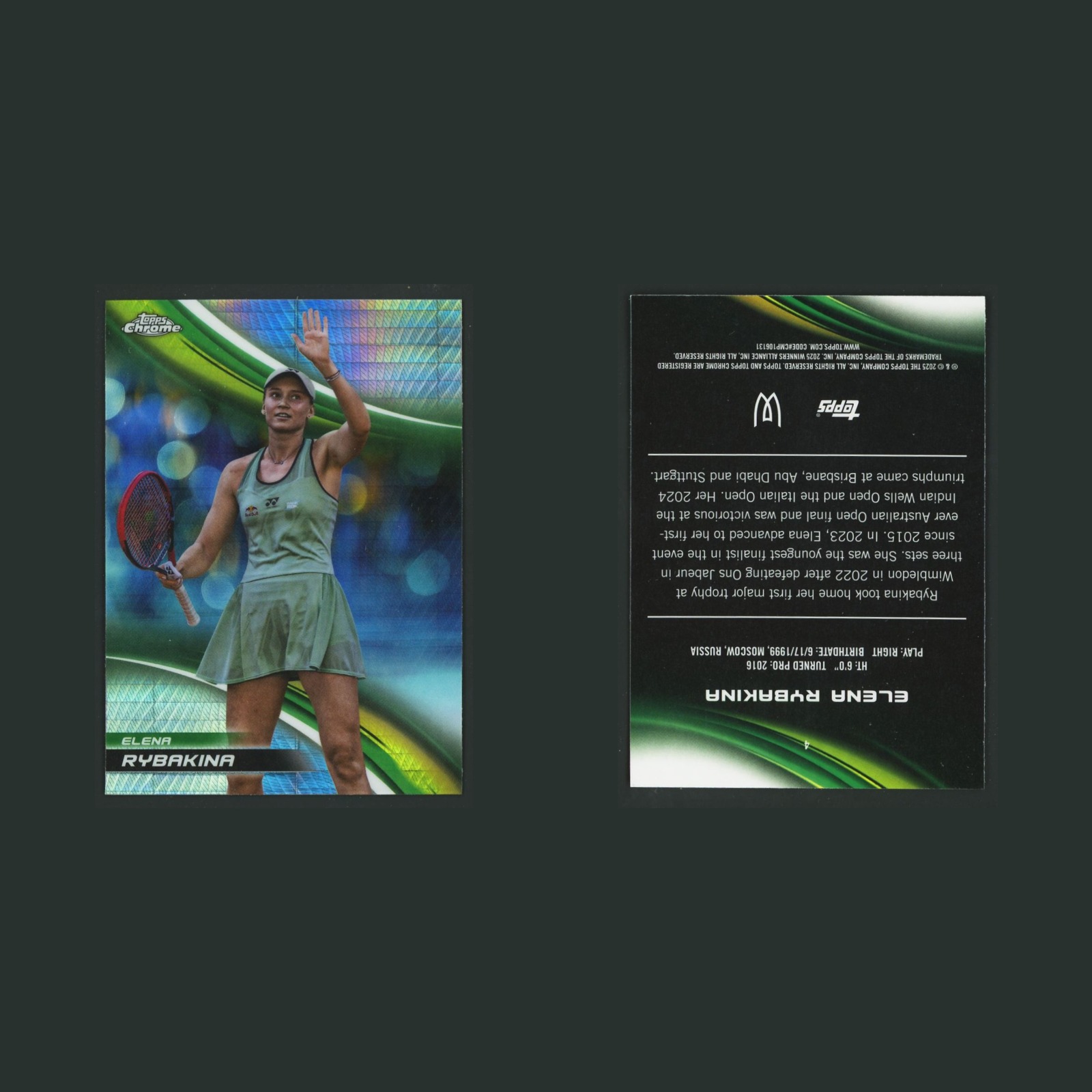 Elena Rybakina #4 2025 Topps Chrome Tennis Prism Refractor Tennis Card front and back scans. Card condition is Near Mint.