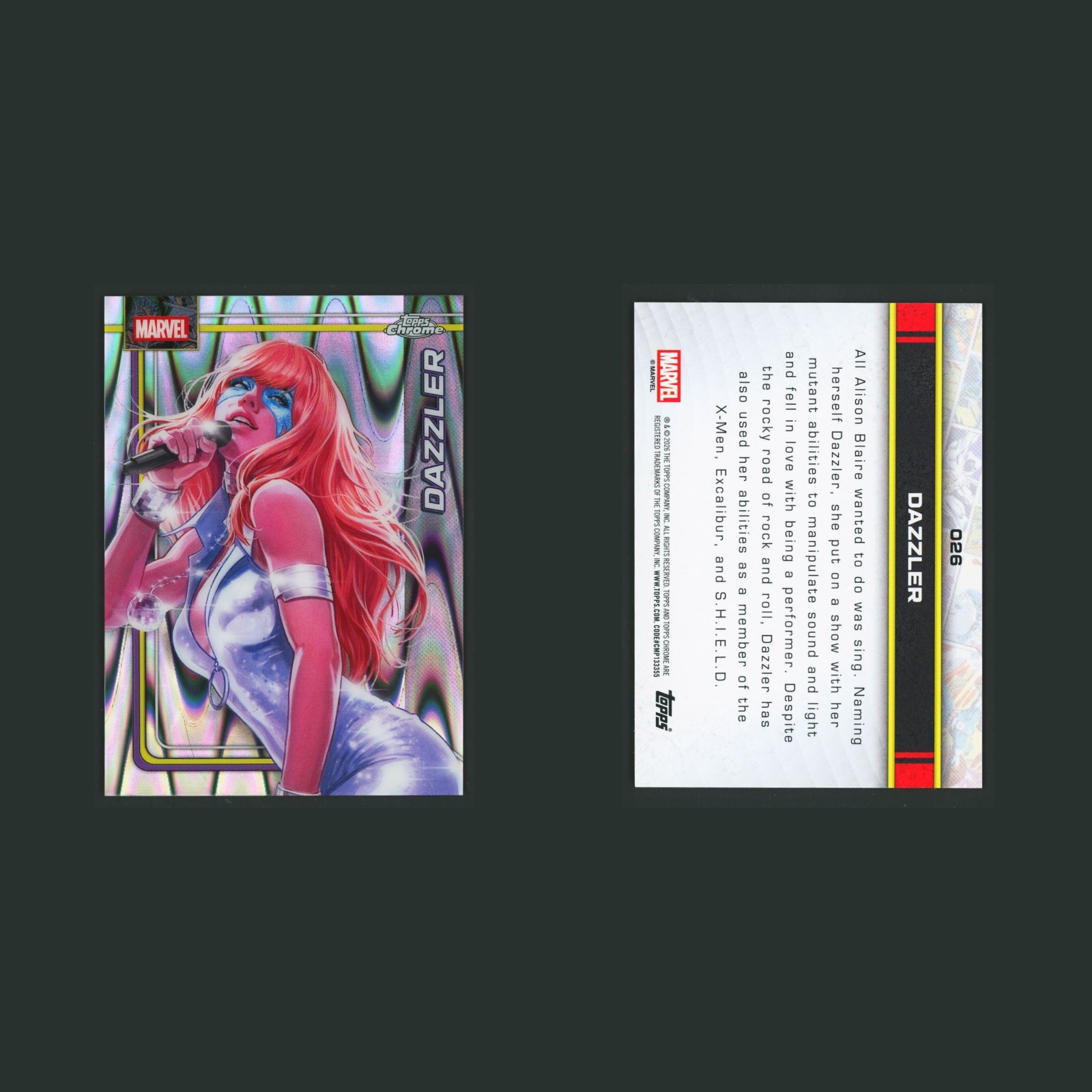 Dazzler #26 2026 Topps Chrome RayWave Refractor Marvel Card front and back scans. Card condition is Near Mint.