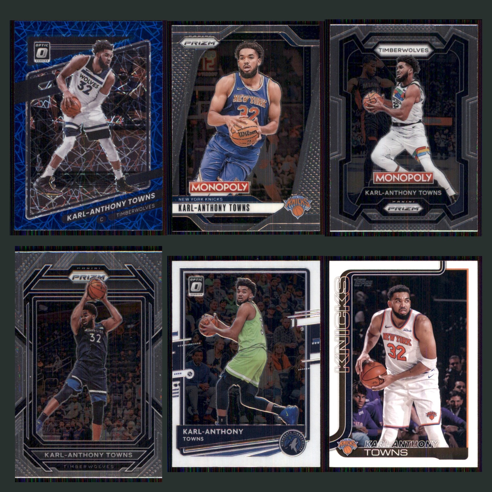 Karl-Anthony Towns Lot 6 Basketball Cards 2021 Donruss Optic Blue Timberwolves card scans. Overall card condition is Near Mint.