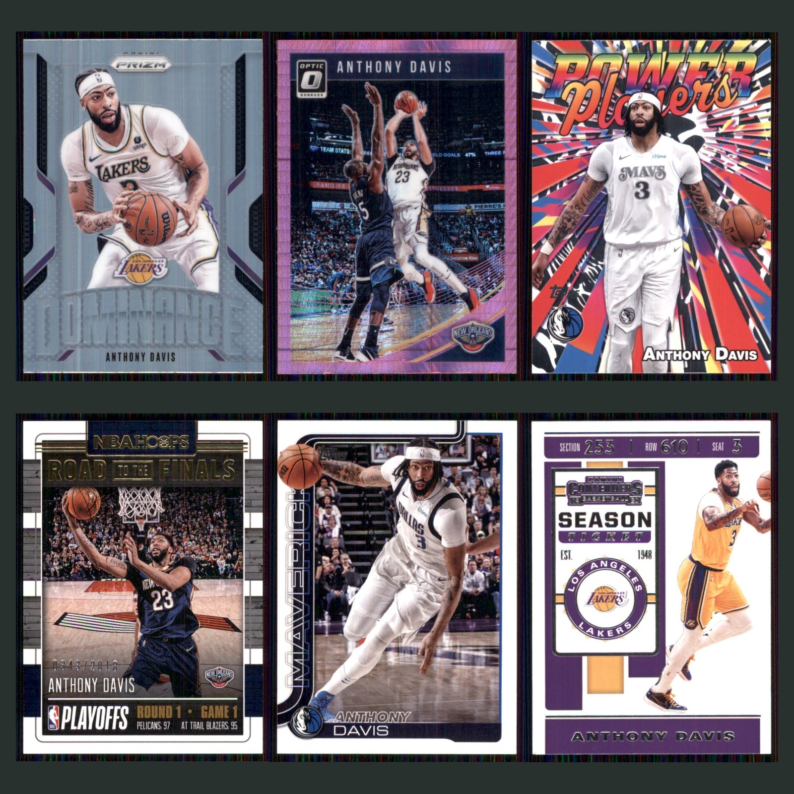 Anthony Davis Lot 6 Basketball Cards 2024 Panini Select Silver Prizm Mavericks card scans. Overall card condition is Near Mint.