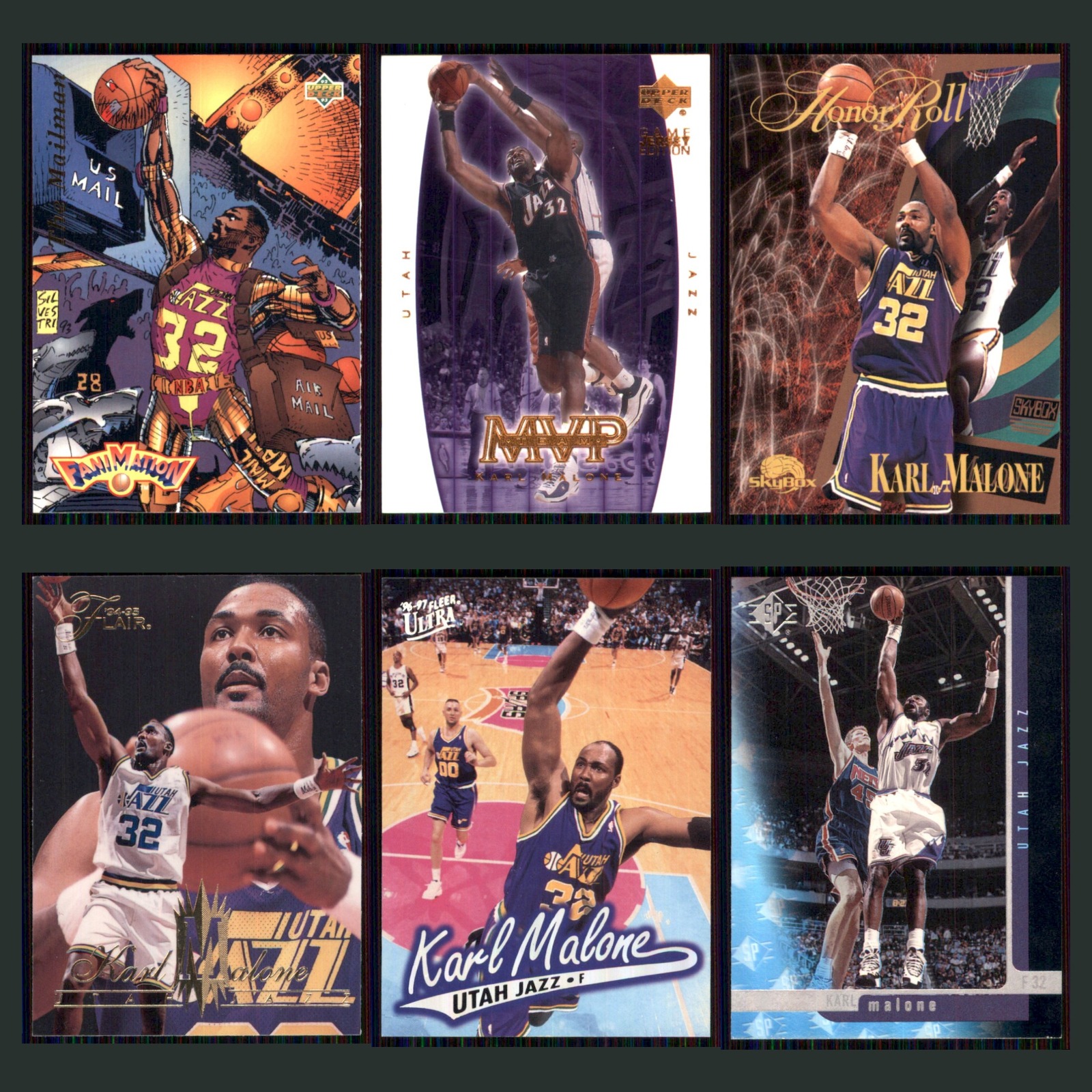 Karl Malone Lot 6 Basketball Cards 1992 Upper Deck Fanimation Utah Jazz Set NBA card scans. Overall card condition is Near Mint.