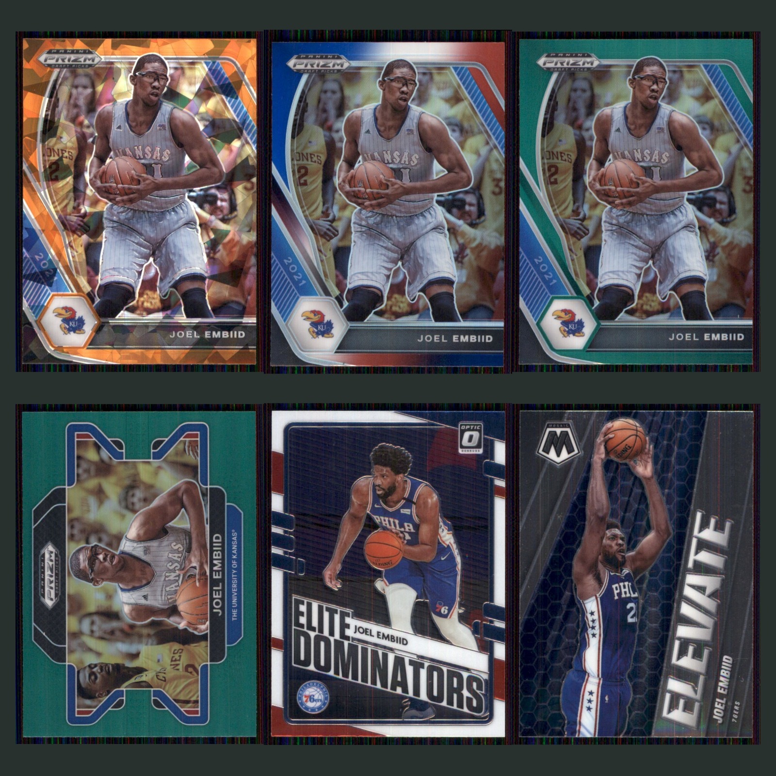 Joel Embiid Lot 6 Basketball Cards 2021 Panini Prizm Draft Picks Orange Ice Set card scans. Overall card condition is Near Mint.