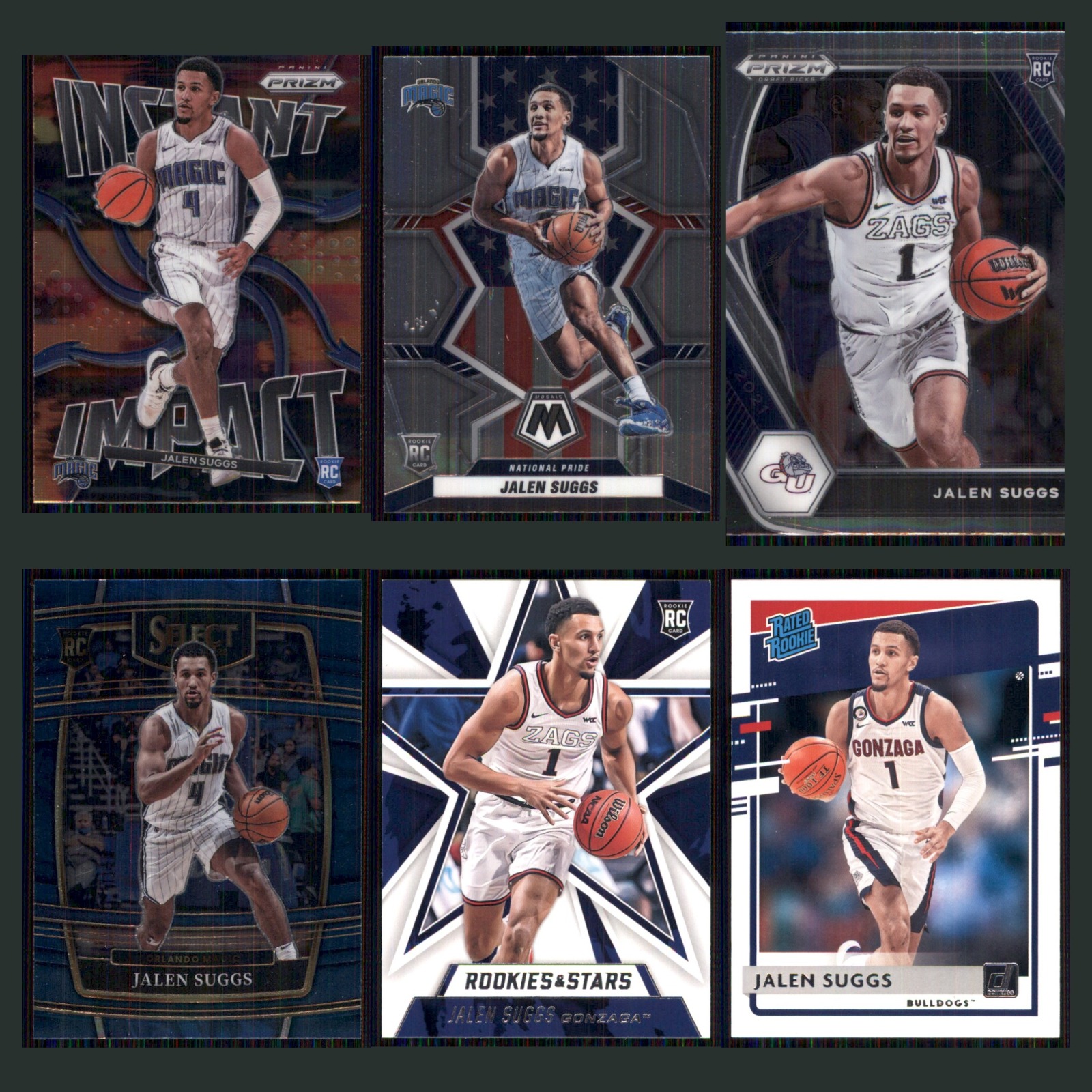 Jalen Suggs Rookie Lot 6 Basketball Cards 2021 Panini Prizm Instant Impact Magic card scans. Overall card condition is Near Mint.