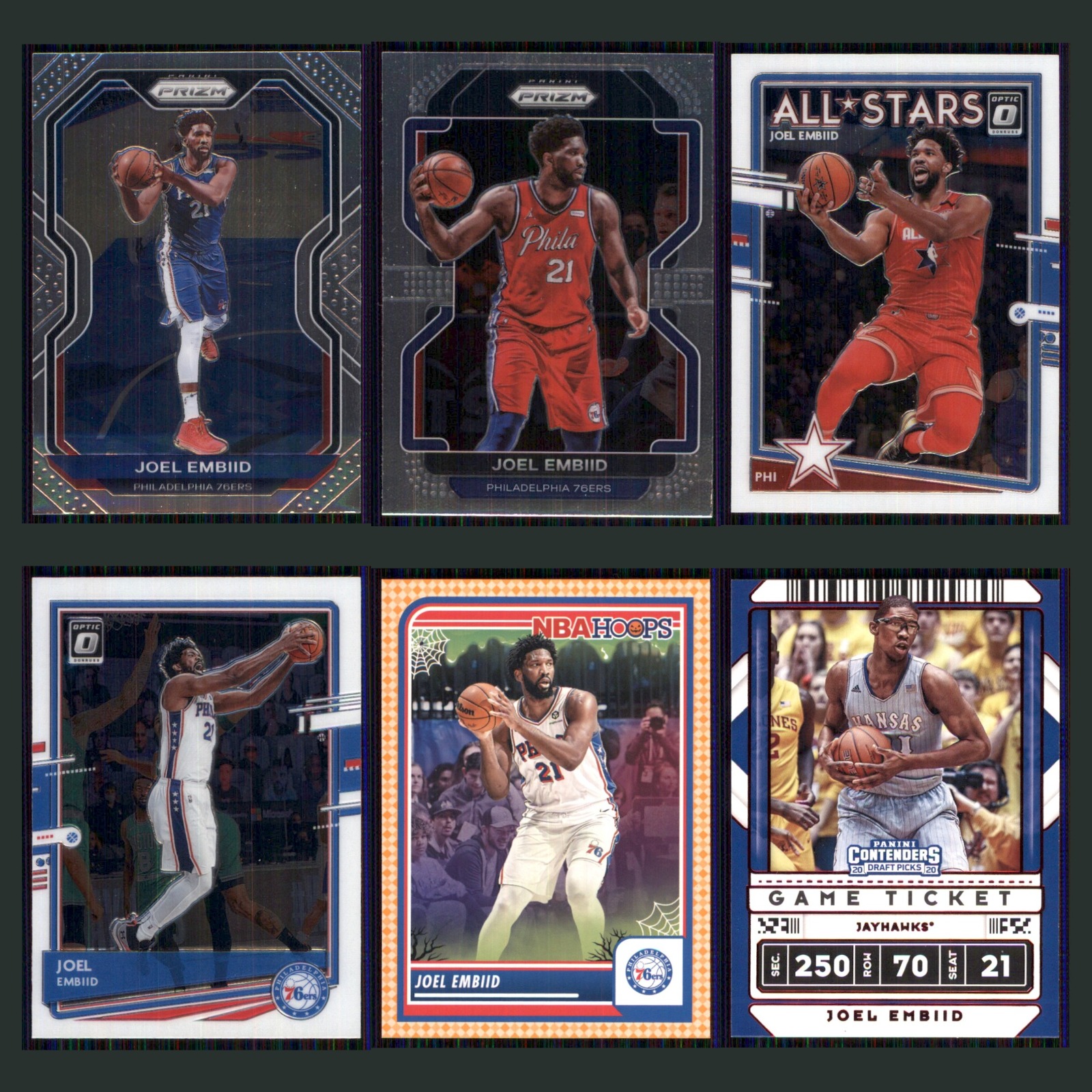 Joel Embiid Lot 6 Basketball Cards 2021 Panini Prizm Philadelphia 76ers Set NBA card scans. Overall card condition is Near Mint.