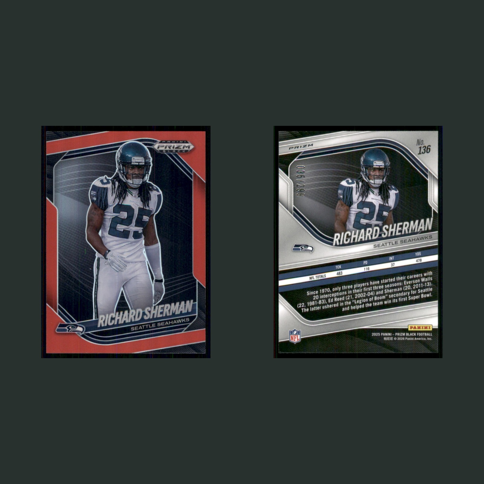 Richard Sherman /299 #136 2025 Panini Prizm Black Red Seattle Seahawks Football front and back scans. Card condition is Near Mint.