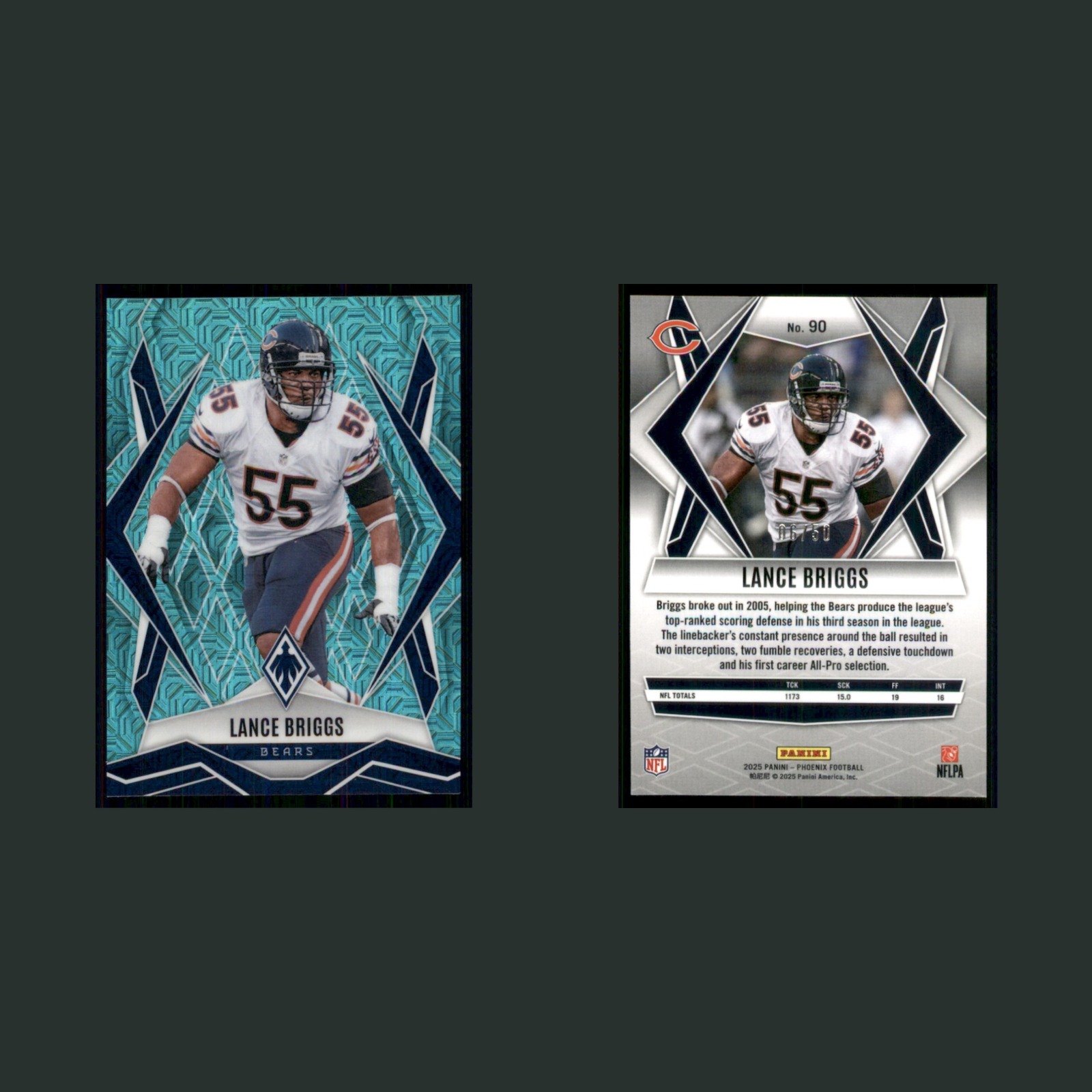 Lance Briggs /50 #90 2025 Panini Phoenix Teal Mojo Prizm Chicago Bears Football front and back scans. Card condition is Near Mint.