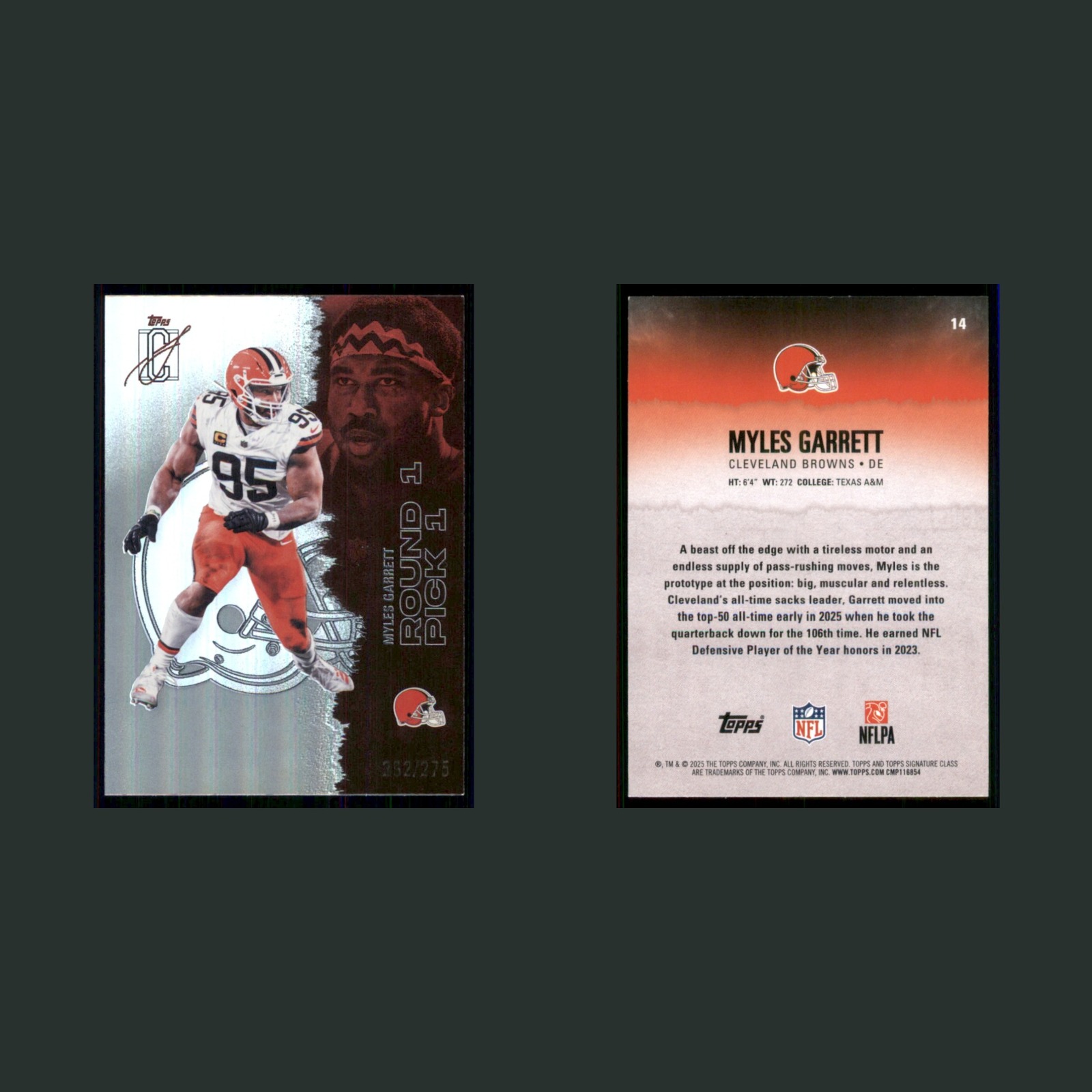 Myles Garrett /275 #14 2025 Topps Signature Class Silver Cleveland Browns Card front and back scans. Card condition is Near Mint.