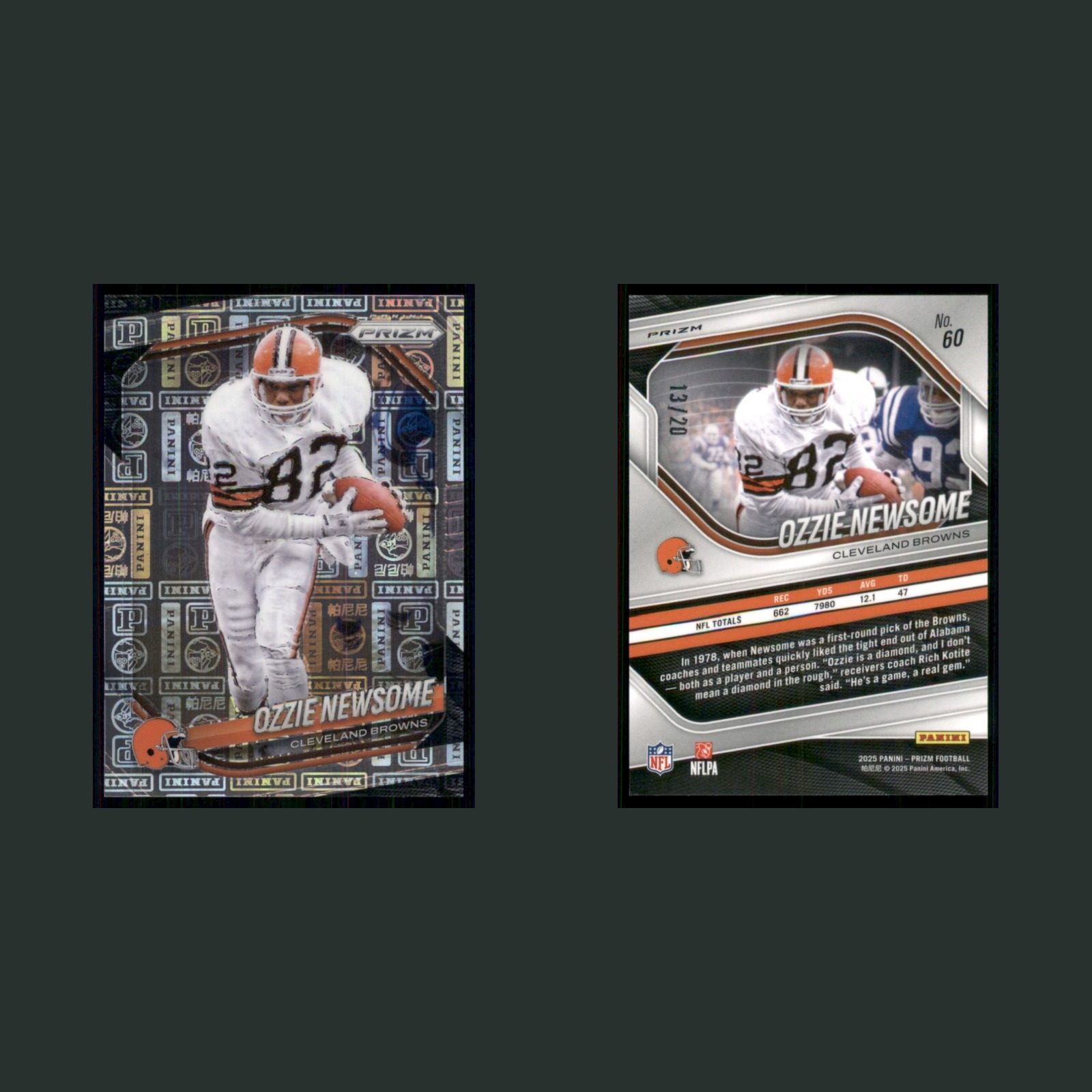 Ozzie Newsome /20 #60 2025 Panini Prizm Logo Cleveland Browns Football Card NFL front and back scans. Card condition is Near Mint.