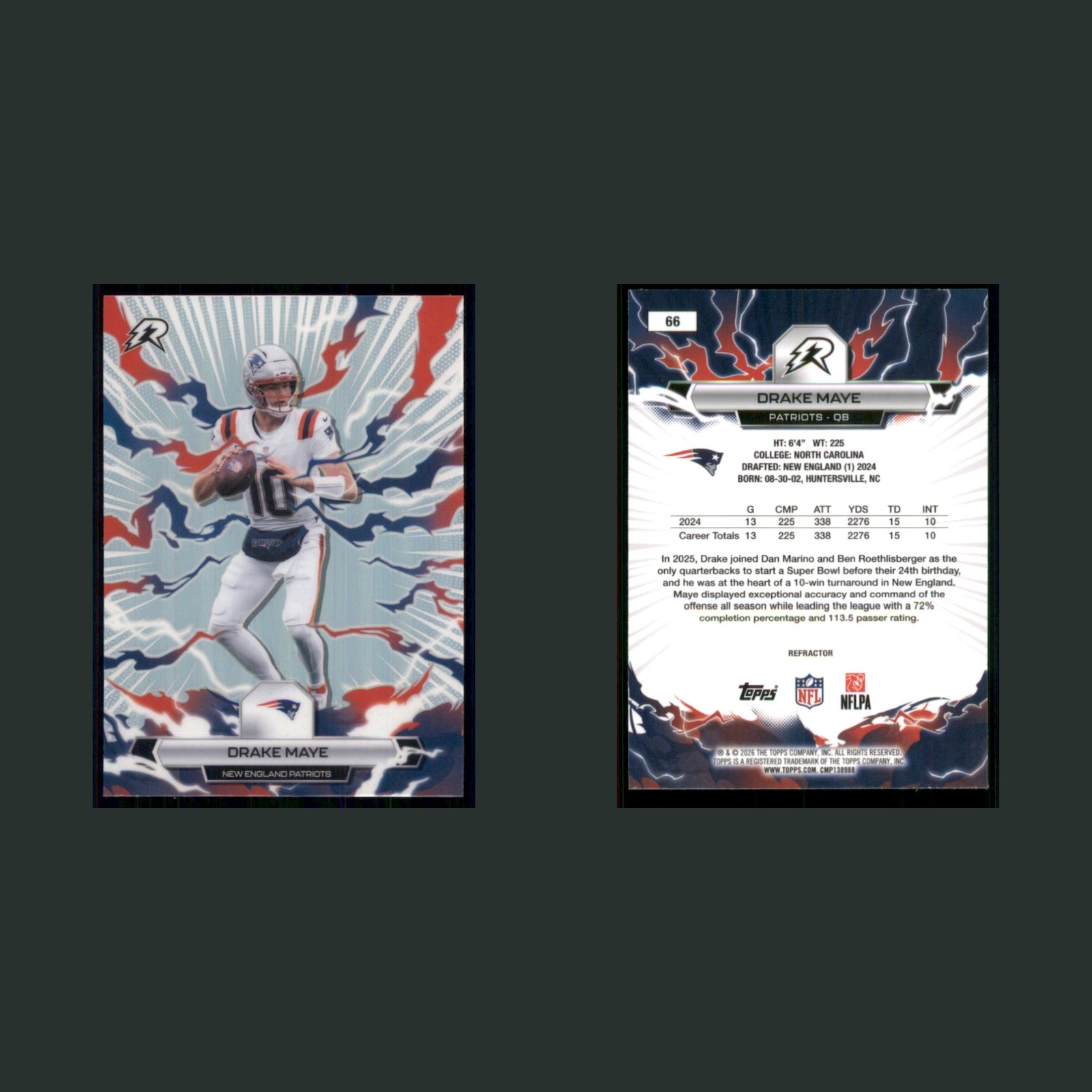 Drake Maye #66 2025 Topps Resurgence Refractor New England Patriots Football NFL front and back scans. Card condition is Near Mint.