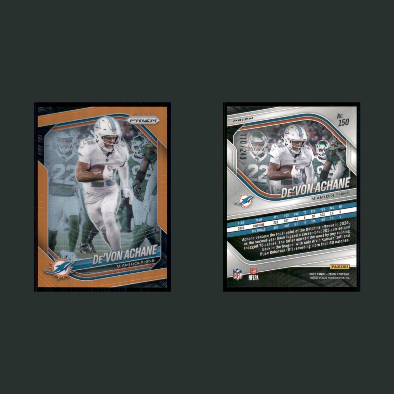 De'Von Achane /249 #150 2025 Panini Prizm Orange Miami Dolphins Football Card front and back scans. Card condition is Near Mint.