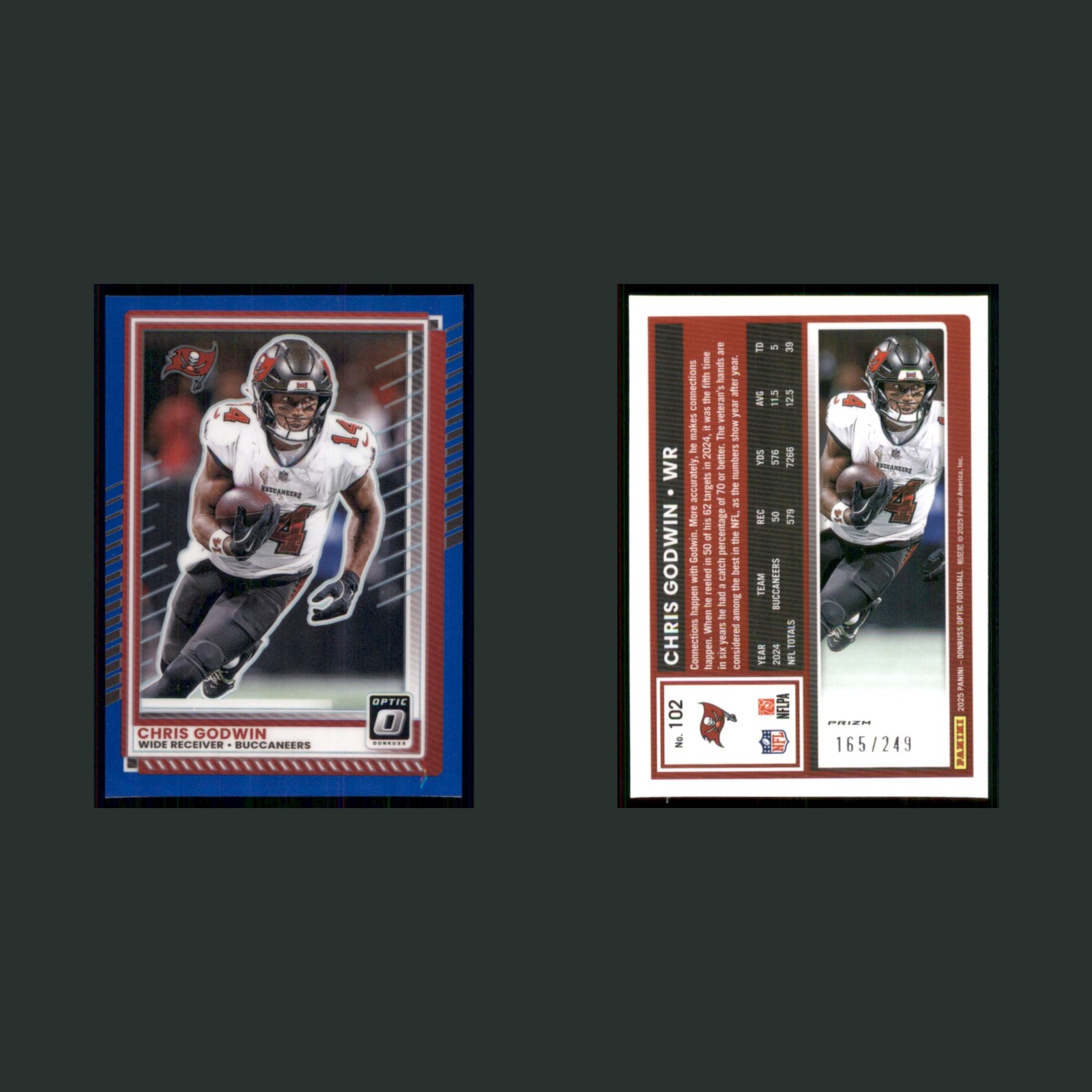 Chris Godwin /249 #102 2025 Donruss Optic Blue Prizm Tampa Bay Buccaneers Card front and back scans. Card condition is Near Mint.