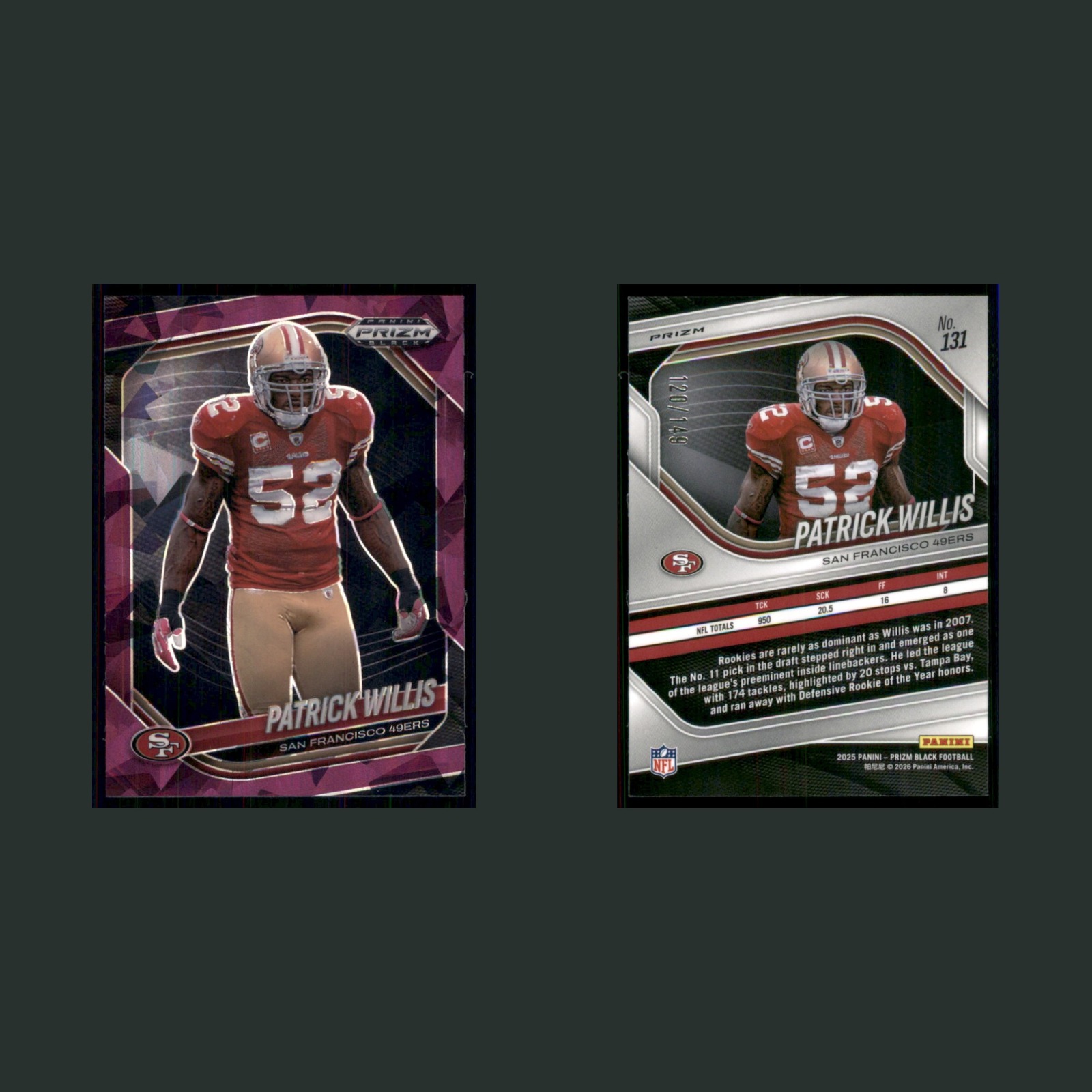 Patrick Willis /149 #131 2025 Panini Prizm Black Prizms Purple Ice 49ers Card front and back scans. Card condition is Near Mint.